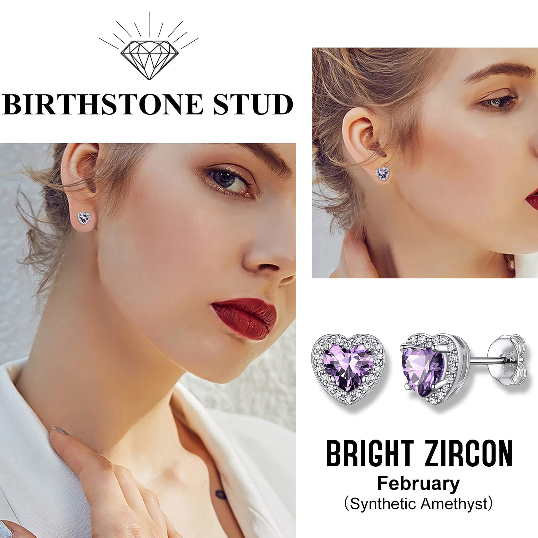 Stud Earrings for Women, 925 Sterling Heart Created Diamond Studs Earrings / Gifts - September