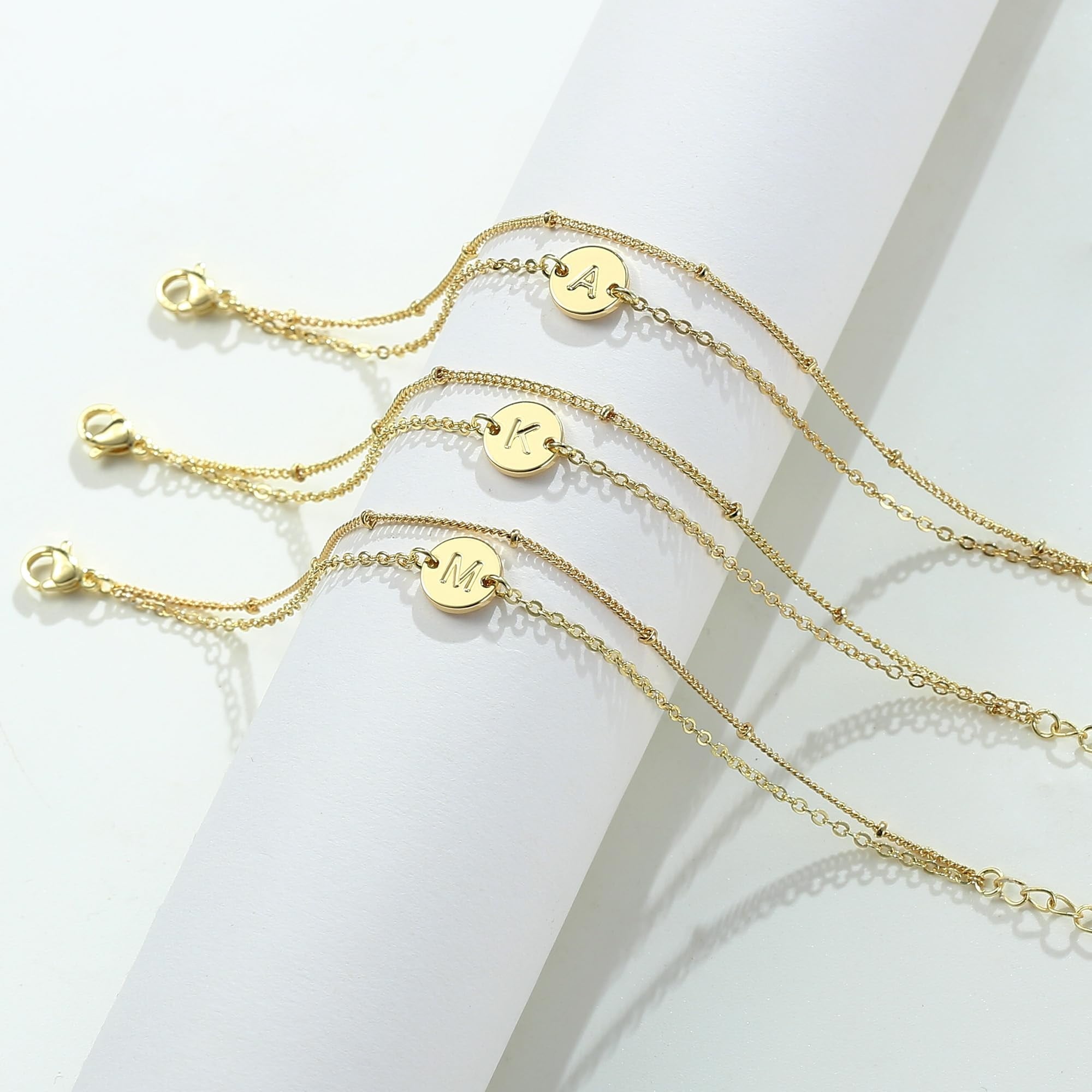 14K Plated Dainty Charm Disc Layered Initial Link Bracelet for Women Letter A-Z Jewelry Personalized Easter for Her Kids Women Girls