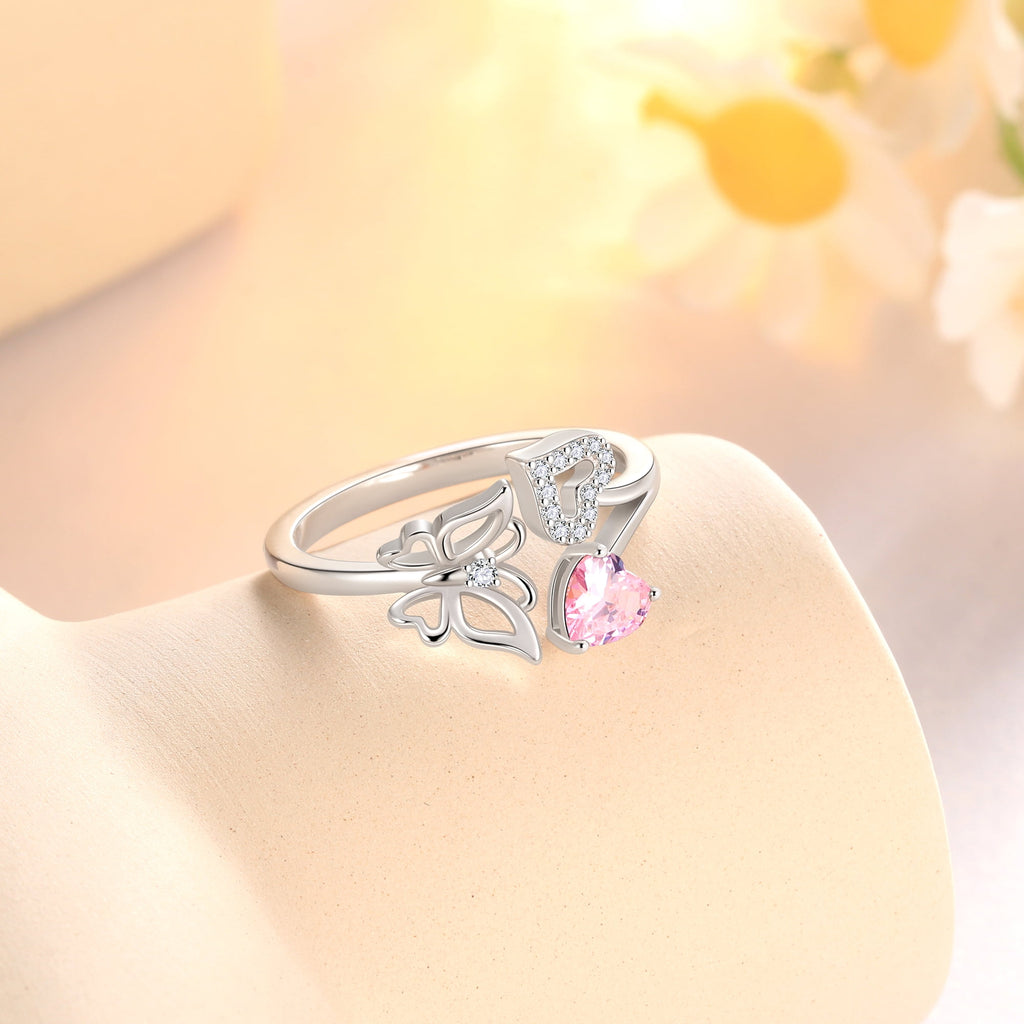 Rose Heart Ring,925 Sterling Adjustable Open Heart Rings Jewelry Gifts for Women Mom -December