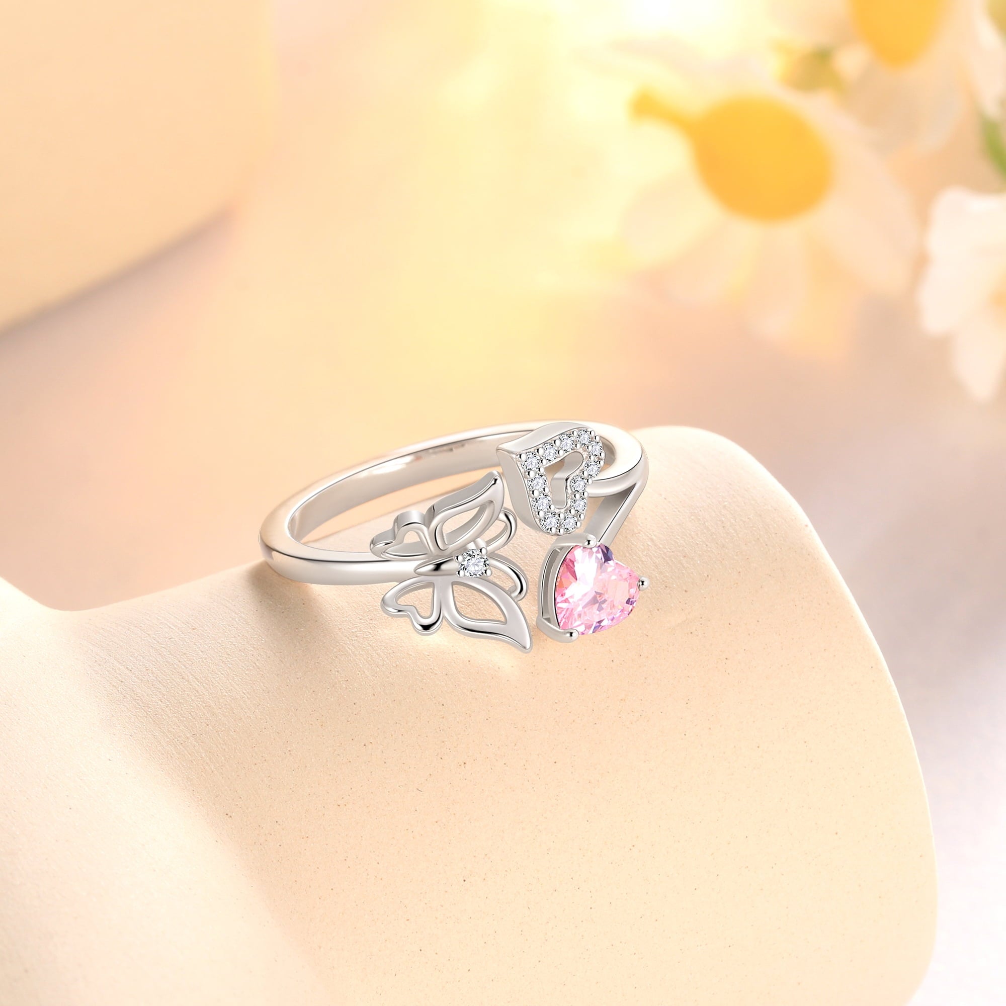 Rose Heart Ring,925 Sterling Adjustable Open Heart Rings Jewelry Gifts for Women Mom -December