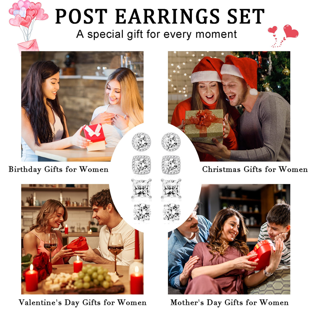 4 Pairs 18K White Plated Halo Stud Earrings for Women Men CZ Hypoallergenic S925 Sterling Post Earrings Set Valentines Day Jewelry Gifts Her Him Teen Husband Wife Adults