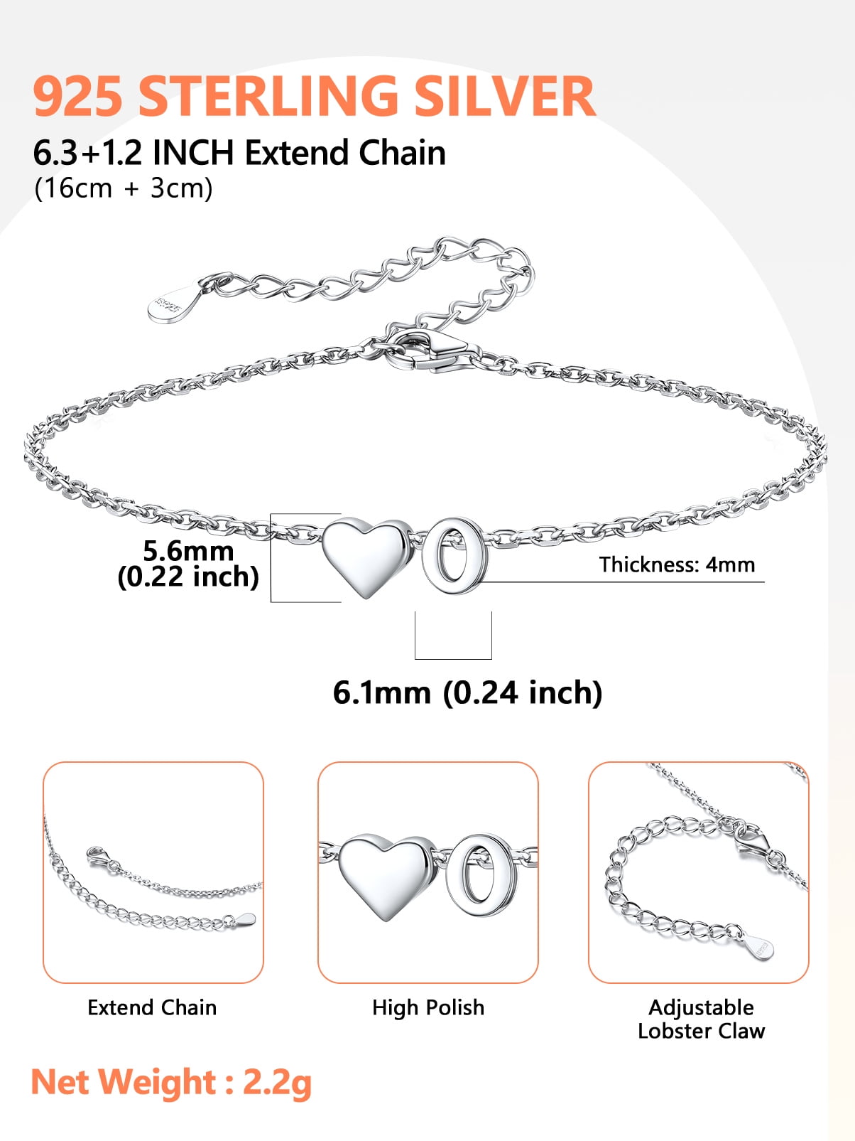 Women's Sterling Bracelets Heart &amp; Alphabet Letter A Initial Bracelet Charm Jewelry Gifts for Her