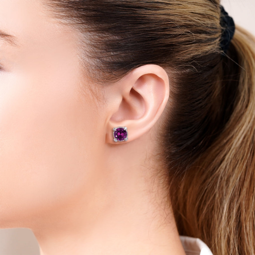 3.5 Round Cut April Stud Earrings - Halo Milgrain Earrings in 18K White Plating for Women