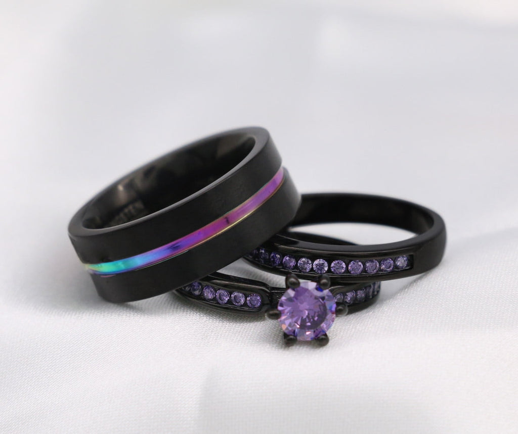 Matching Rings Couple Rings Black Plated 1CT Purple Cz Women Wedding Ring Sets