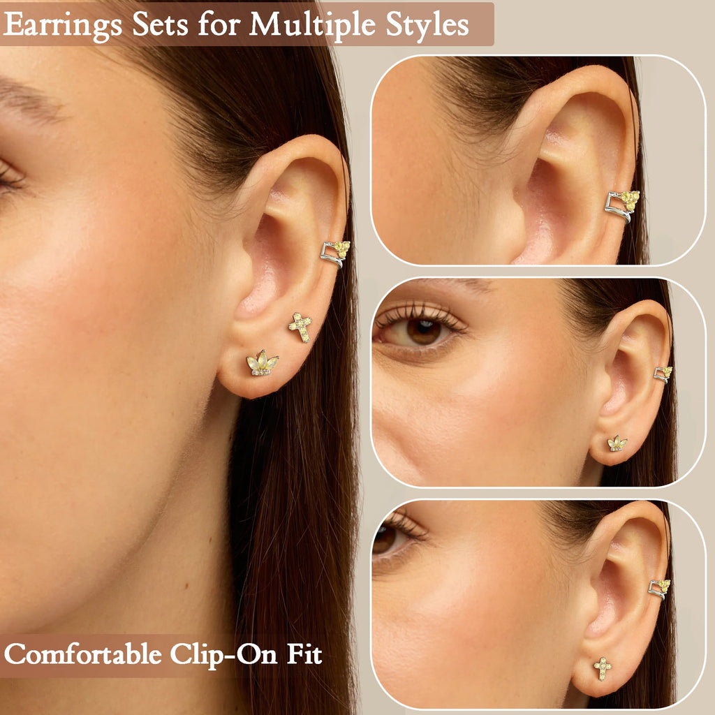 3 Pairs 925 Sterling Cross Earrings Set for Women, Flower Studs and Ear Cuffs Jewelry Set for Her