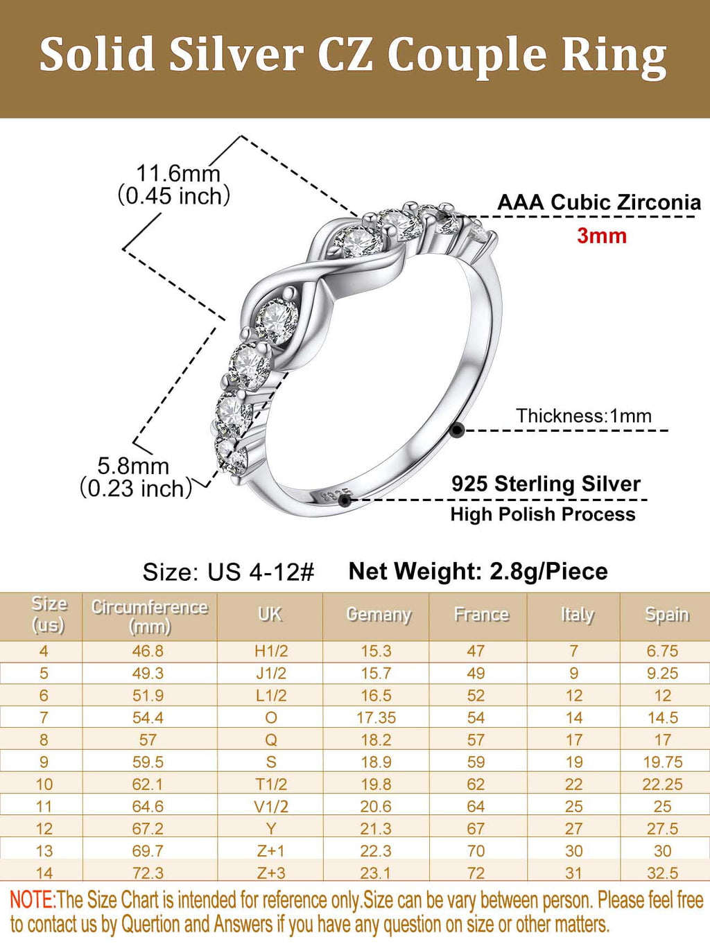 Created Diamond Engagement Rings for Women 925 Sterling Infinity Wedding Band Gifts Size 4-12