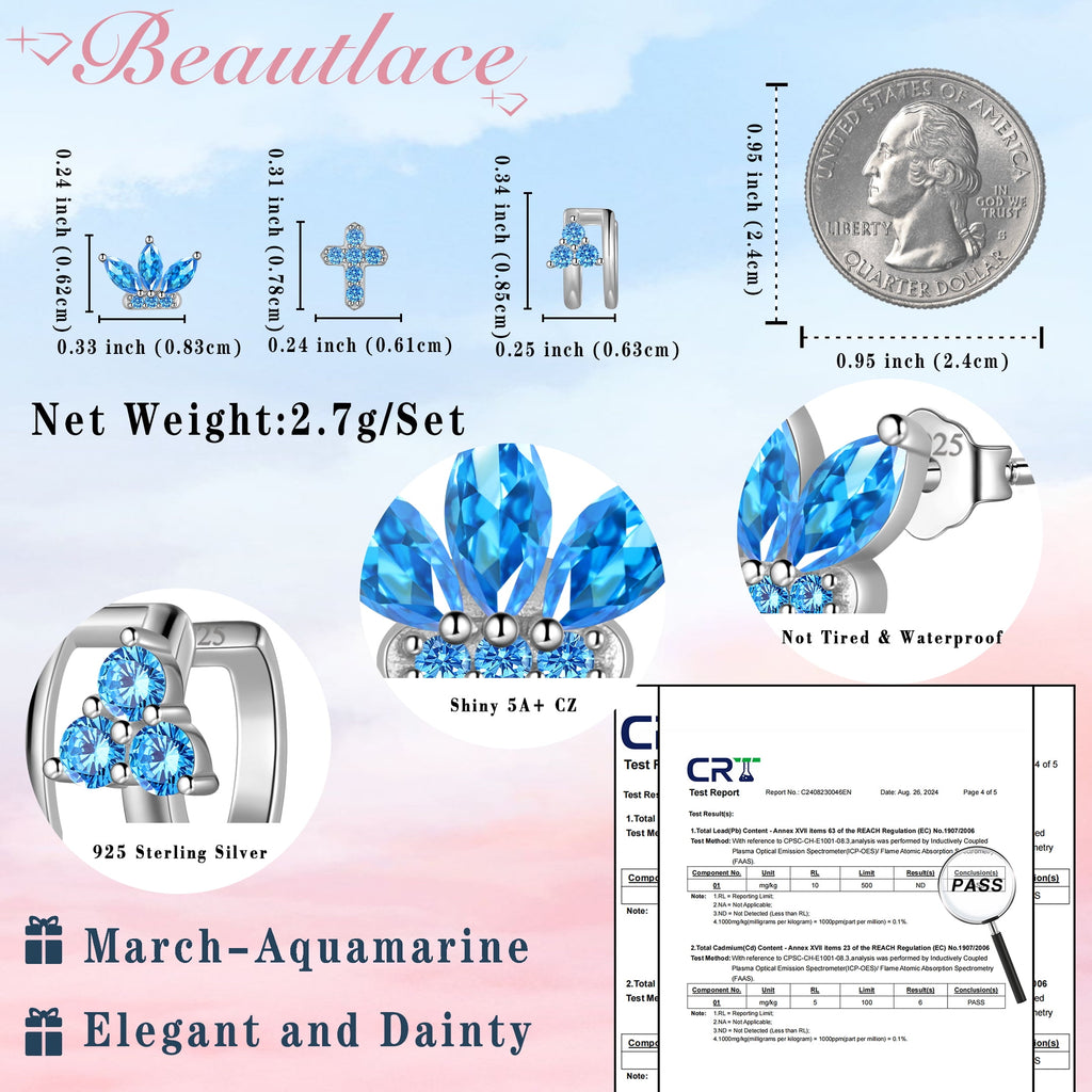 3 Pairs 925 Sterling Cross Earrings Set for Women, Flower Studs and Ear Cuffs Jewelry Set for Her