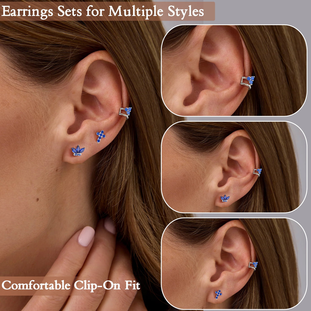 3 Pairs 925 Sterling Cross Earrings Set for Women, Flower Studs and Ear Cuffs Jewelry Set for Her