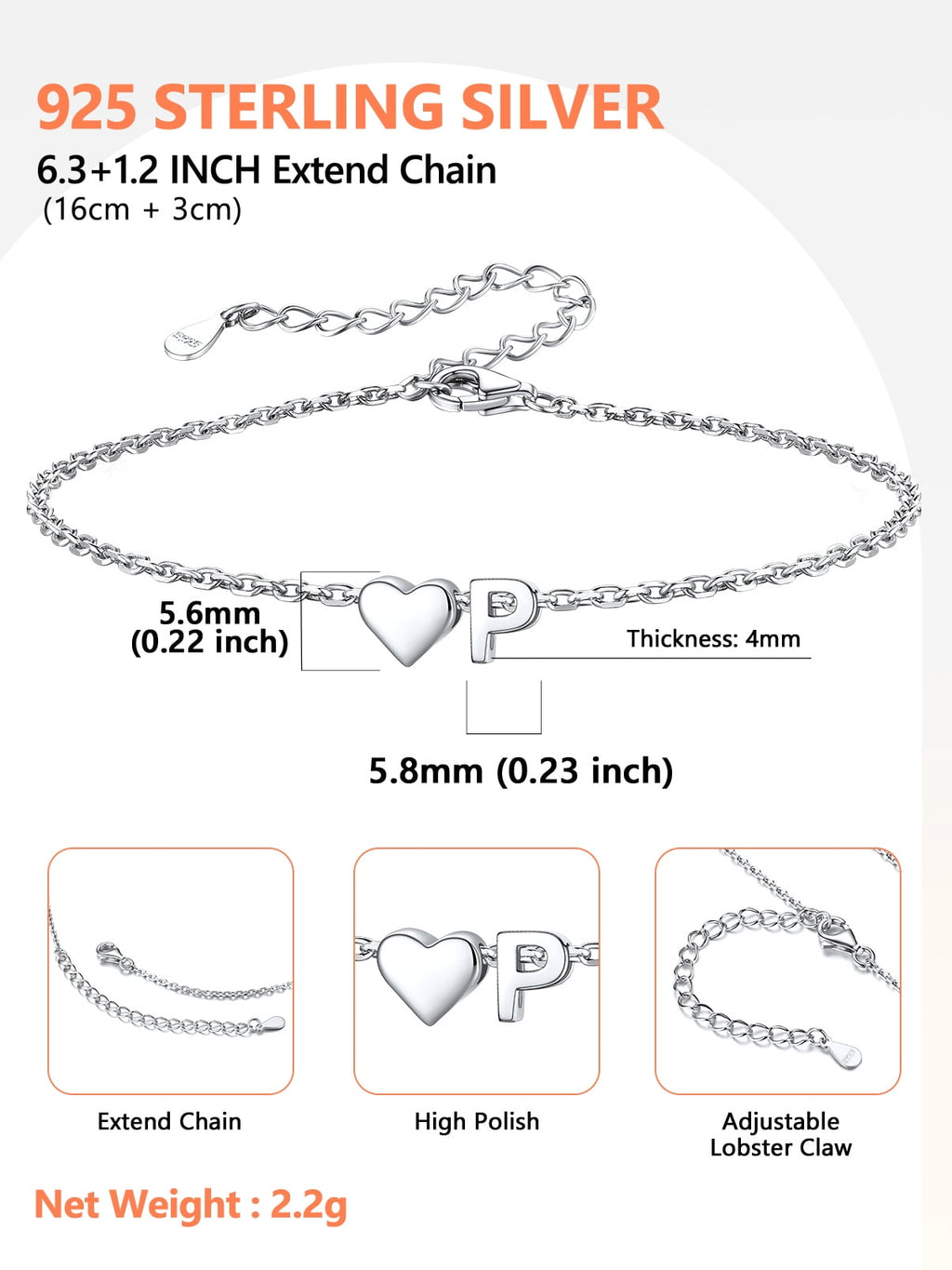 Women's Sterling Bracelets Heart &amp; Alphabet Letter A Initial Bracelet Charm Jewelry Gifts for Her