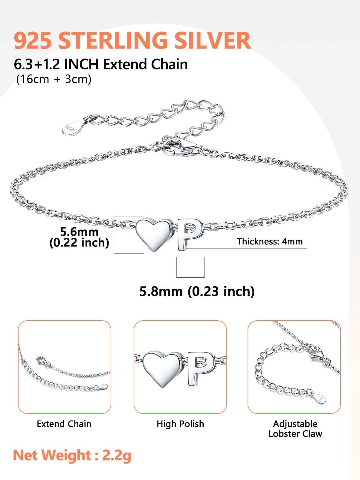 Women's Sterling Bracelets Heart &amp; Alphabet Letter A Initial Bracelet Charm Jewelry Gifts for Her