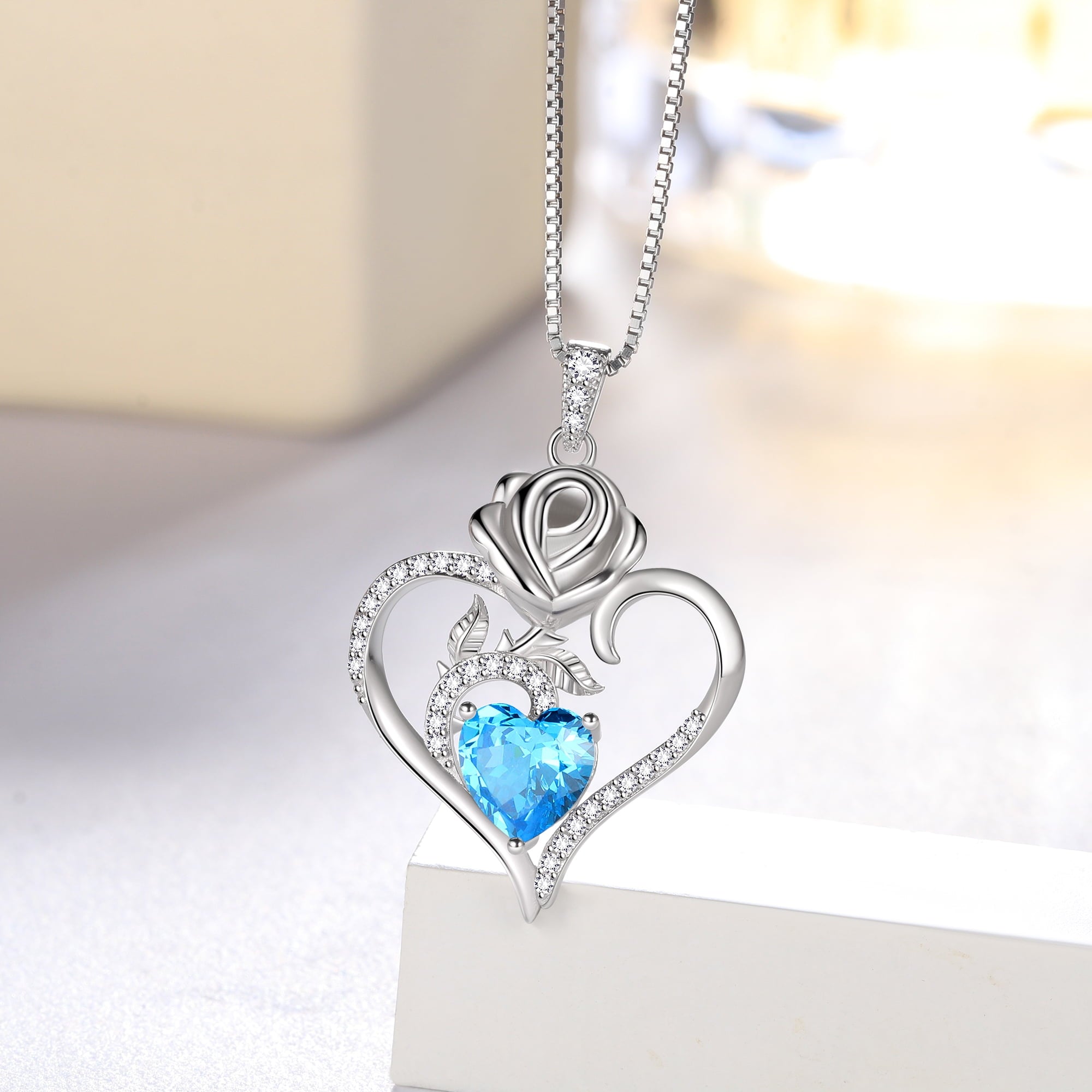 925 Sterling Necklace Rose Flower Heart Pendant Jewelry Valentines Gifts for Women Mom Wife/Lover