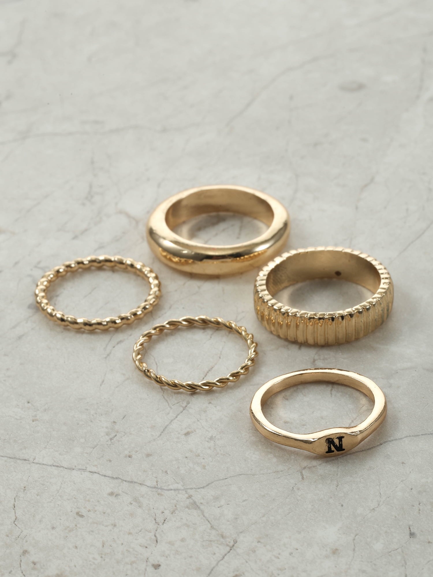Goldtone Initial Ring Set, 5 Piece, Size 7, Initial J