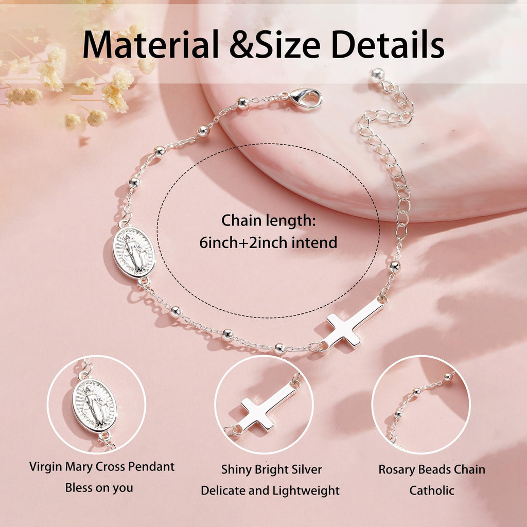 Rosary Beads Virgin Mary Cross Charm Bracelet for Women Kids Girls Teen Daughter Granddaughter Mom Wife Girlfriend Stuff Christian Catholic Jewelry Gifts for Women Girls Age
