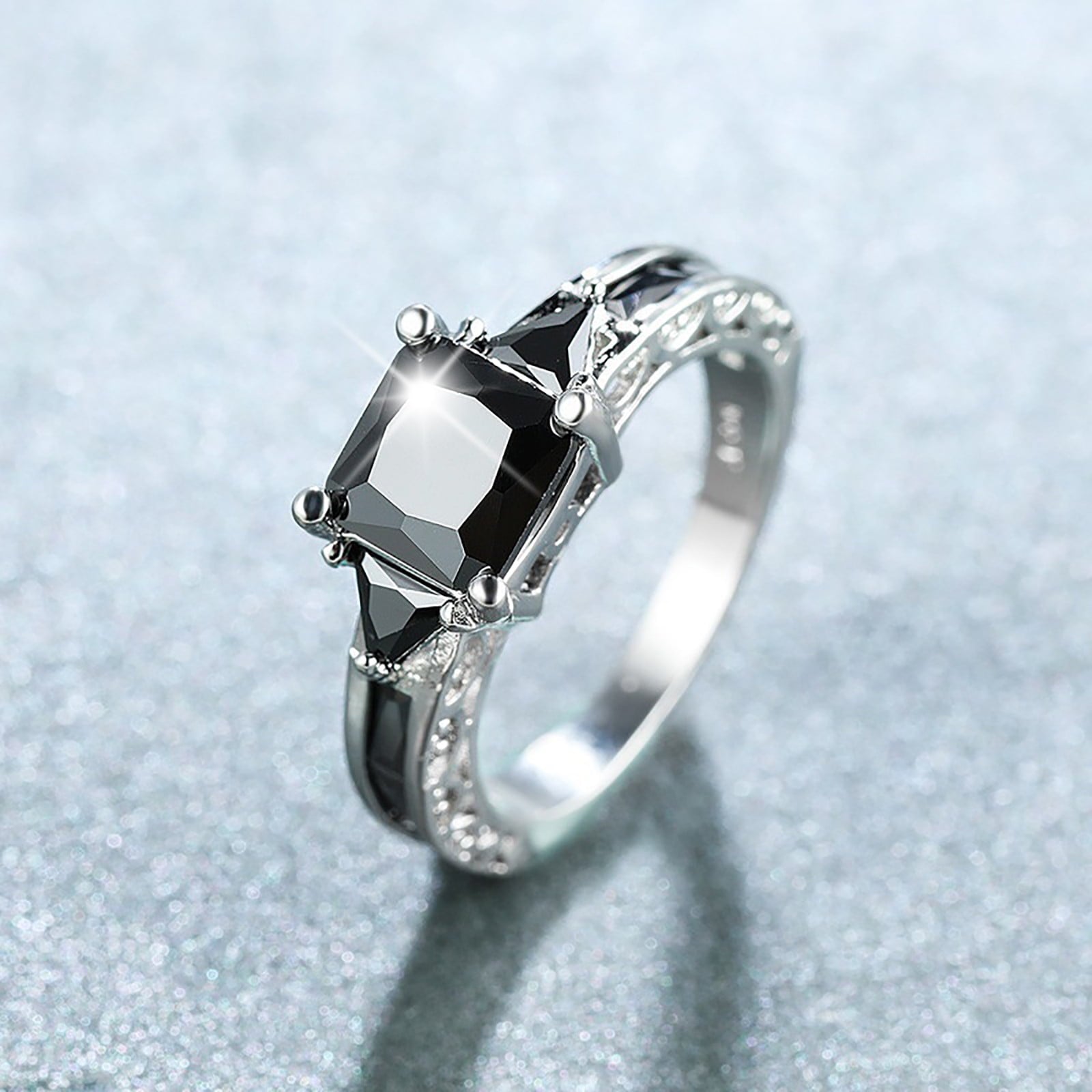 Women Ring Black Zircon Ring Ladies Jewelry Engaged Ring (Black,9)