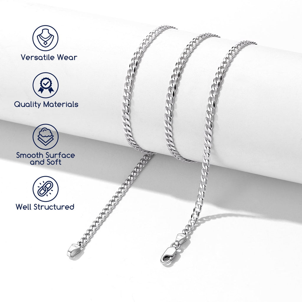 Solid 925 Sterling Chain Necklace 3mm Flat Curb Cuban Link Chain Jewelry for Men Women