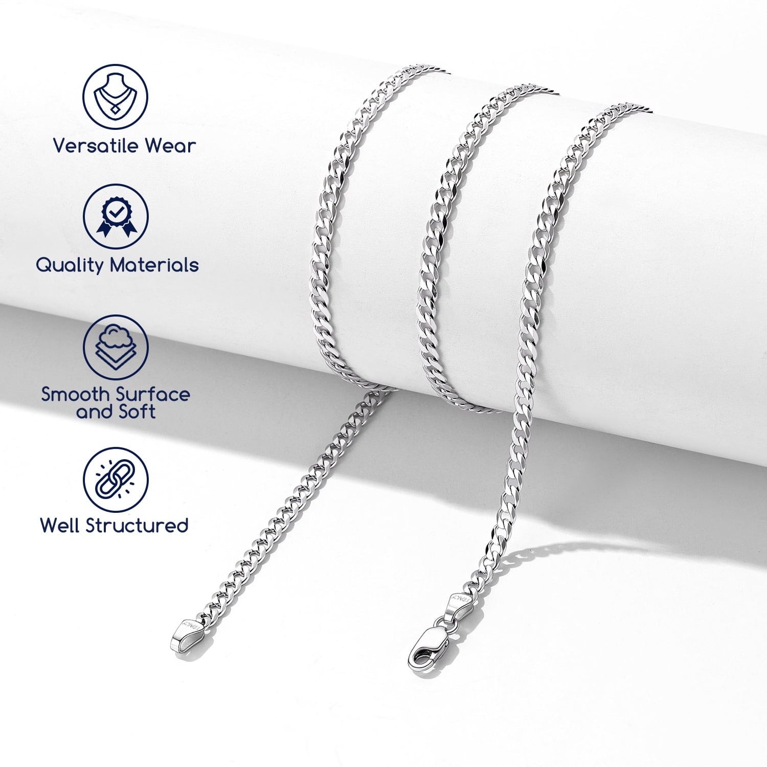Solid 925 Sterling Chain Necklace 3mm Flat Curb Cuban Link Chain Jewelry for Men Women