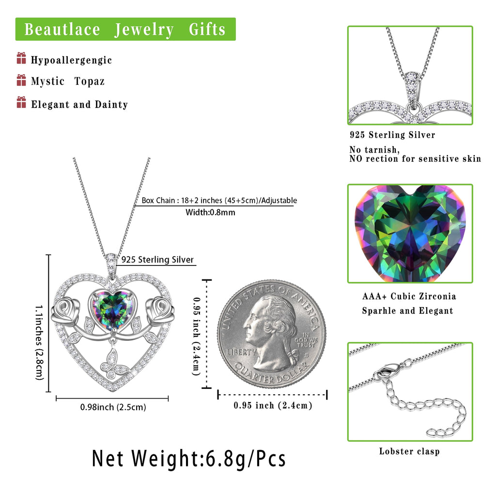 925 Sterling Necklace Rose Flower Heart Pendant Jewelry Valentines Gifts for Women Mom Wife/Lover