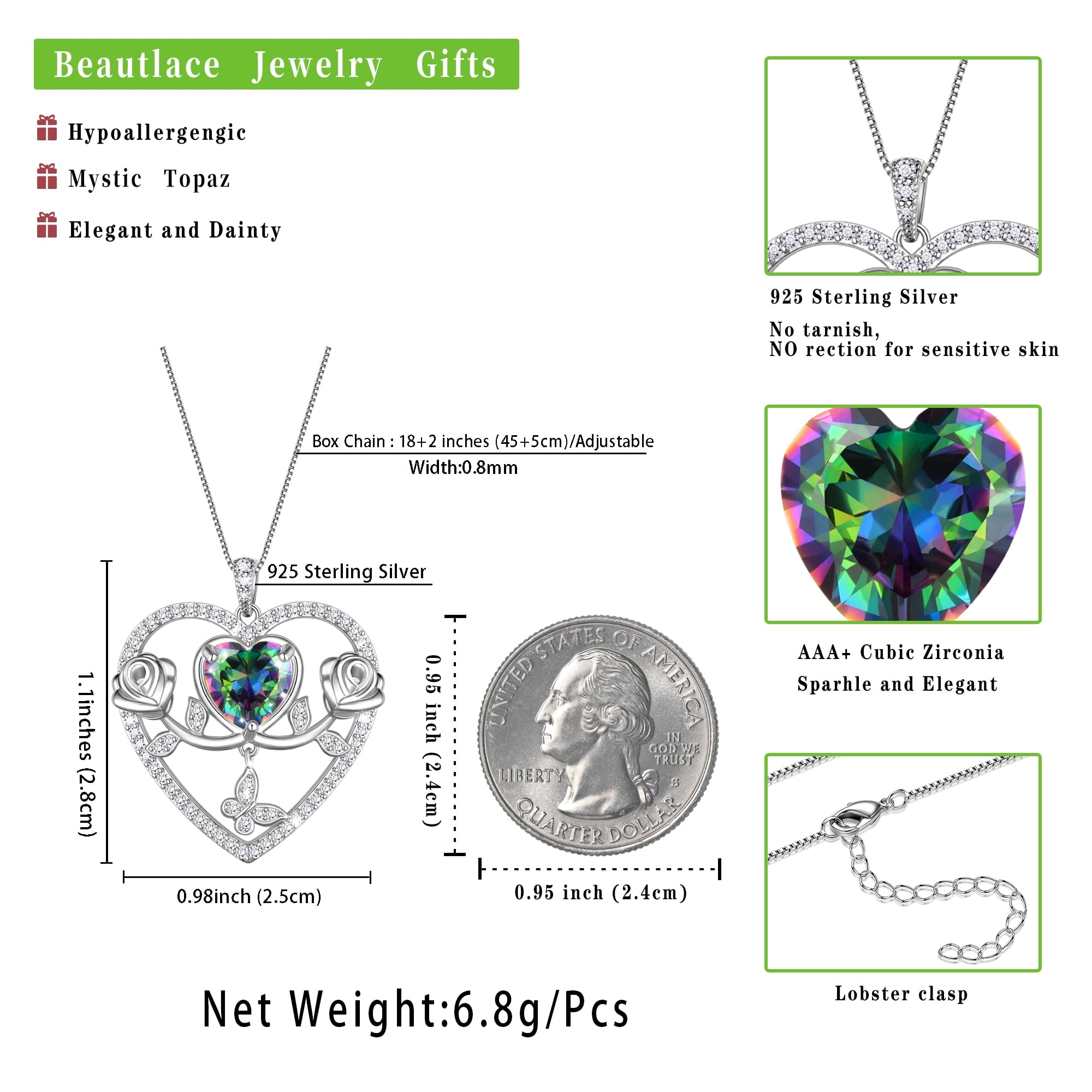 925 Sterling Necklace Rose Flower Heart Pendant Jewelry Valentines Gifts for Women Mom Wife/Lover