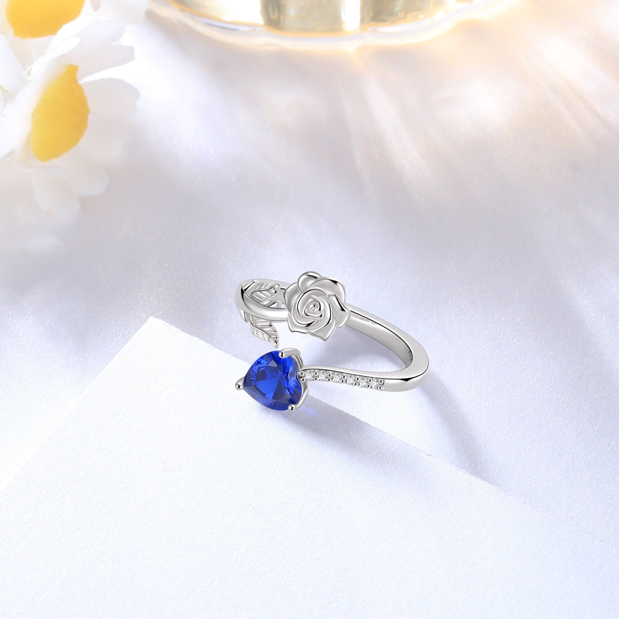 Rose Heart Ring,925 Sterling Adjustable Open Heart Rings Jewelry Gifts for Women Mom -December