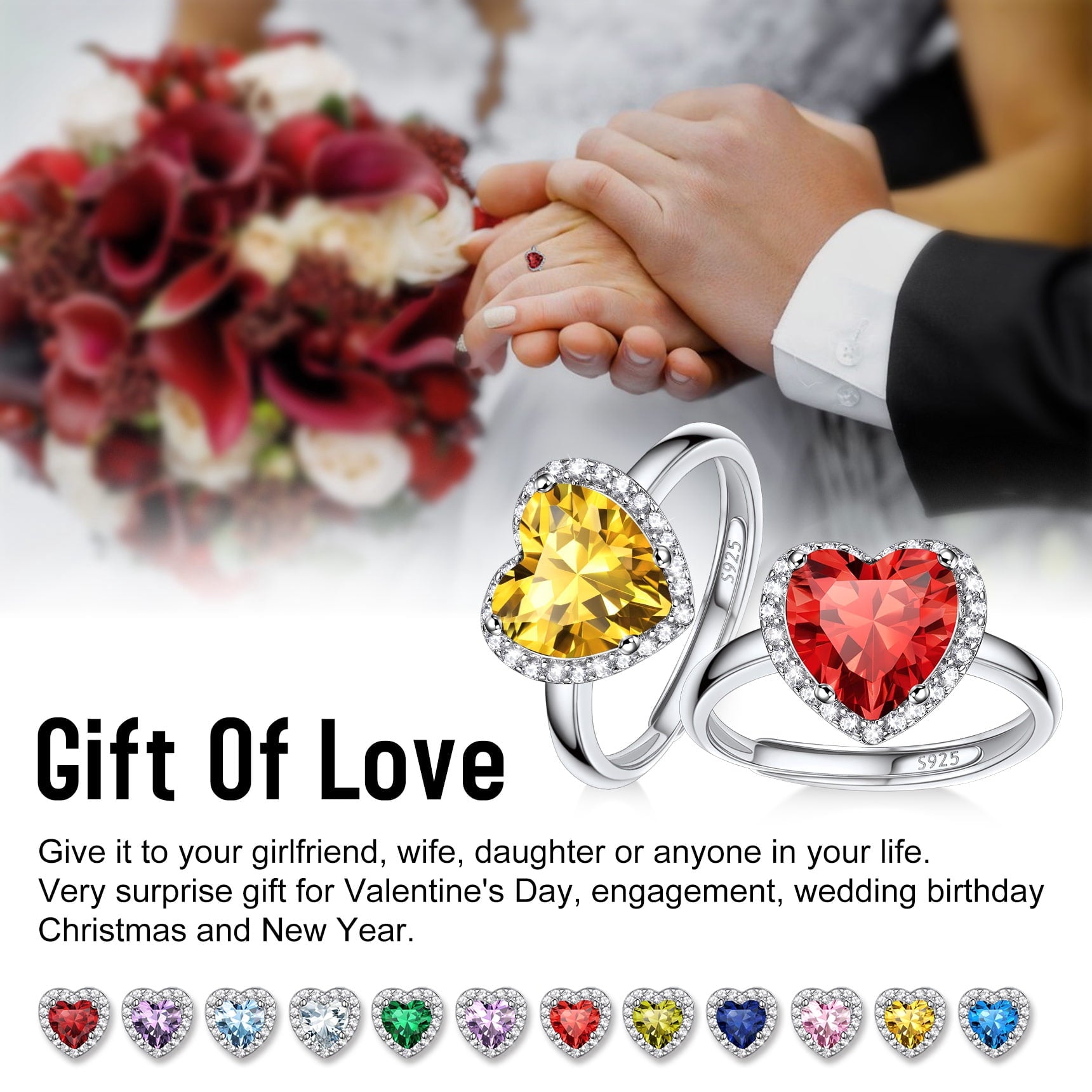 S925 Sterling Heart Rings for Women Sparkle Open Band Ring July Created Ruby Rings Size 6-12