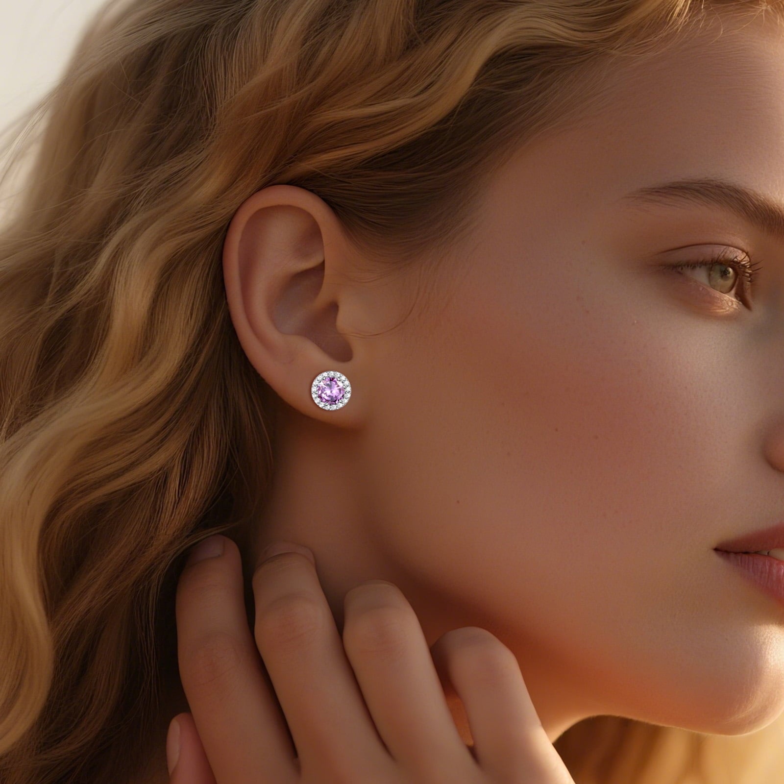 S925 Sterling Earrings Created Pink Tourmaline Stud Earrings October Round Jewelry Gifts for Valentines Day