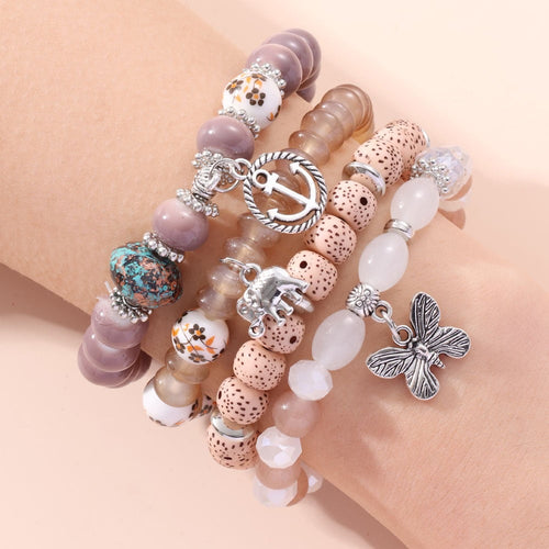 4 PCS Bohemian Stretch Anchor Bracelets Elephant Butterfly Retro Bracelets Suitable for Girls Women Gifts