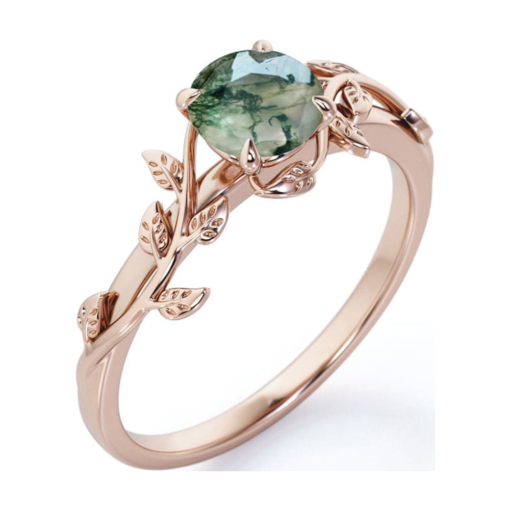 Nature Inspired 0.50 Green Moss Agate Solitaire Engagement Ring - Forest Ring - 18K White Plating for Women