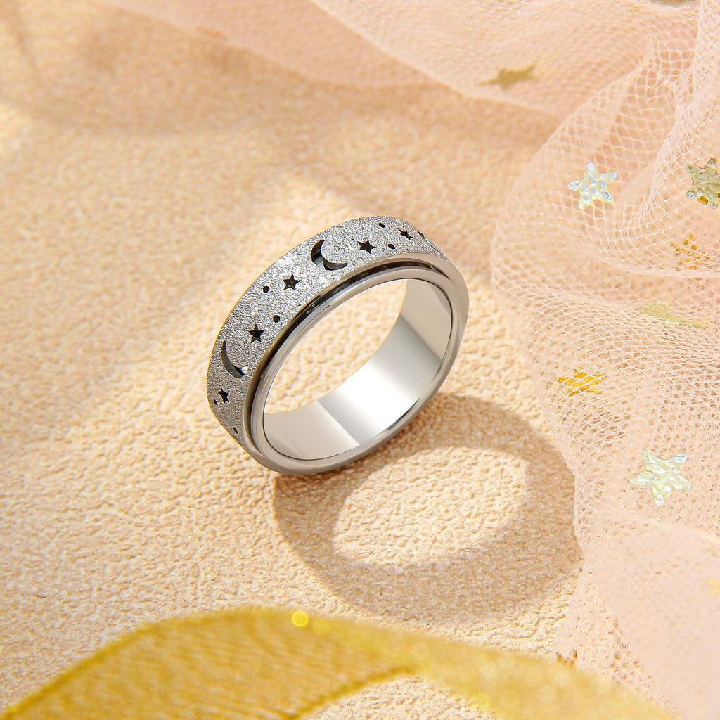 Anxiety Ring for Women Men, Anxiety Fidget Relief Spinner Rings Stainless Steel Worry Stress Relieve Ring Band Set for Anxiety Women Men，Anxiety Ring-Moon Star, Sandblasted Finished,Rainbow-Size6