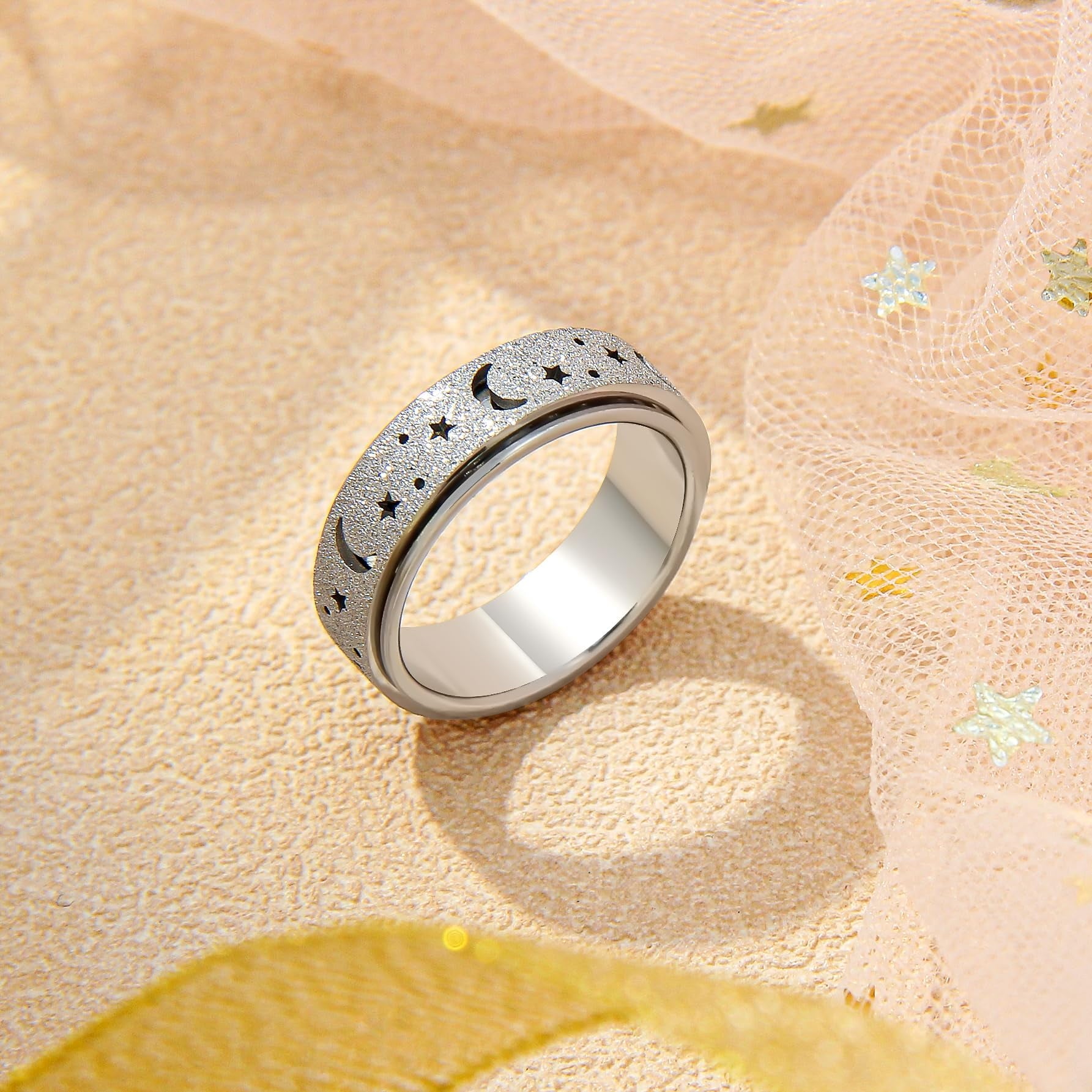 Anxiety Ring for Women Men, Anxiety Fidget Relief Spinner Rings Stainless Steel Worry Stress Relieve Ring Band Set for Anxiety Women Men，Anxiety Ring-Moon Star, Sandblasted Finished,Rainbow-Size6