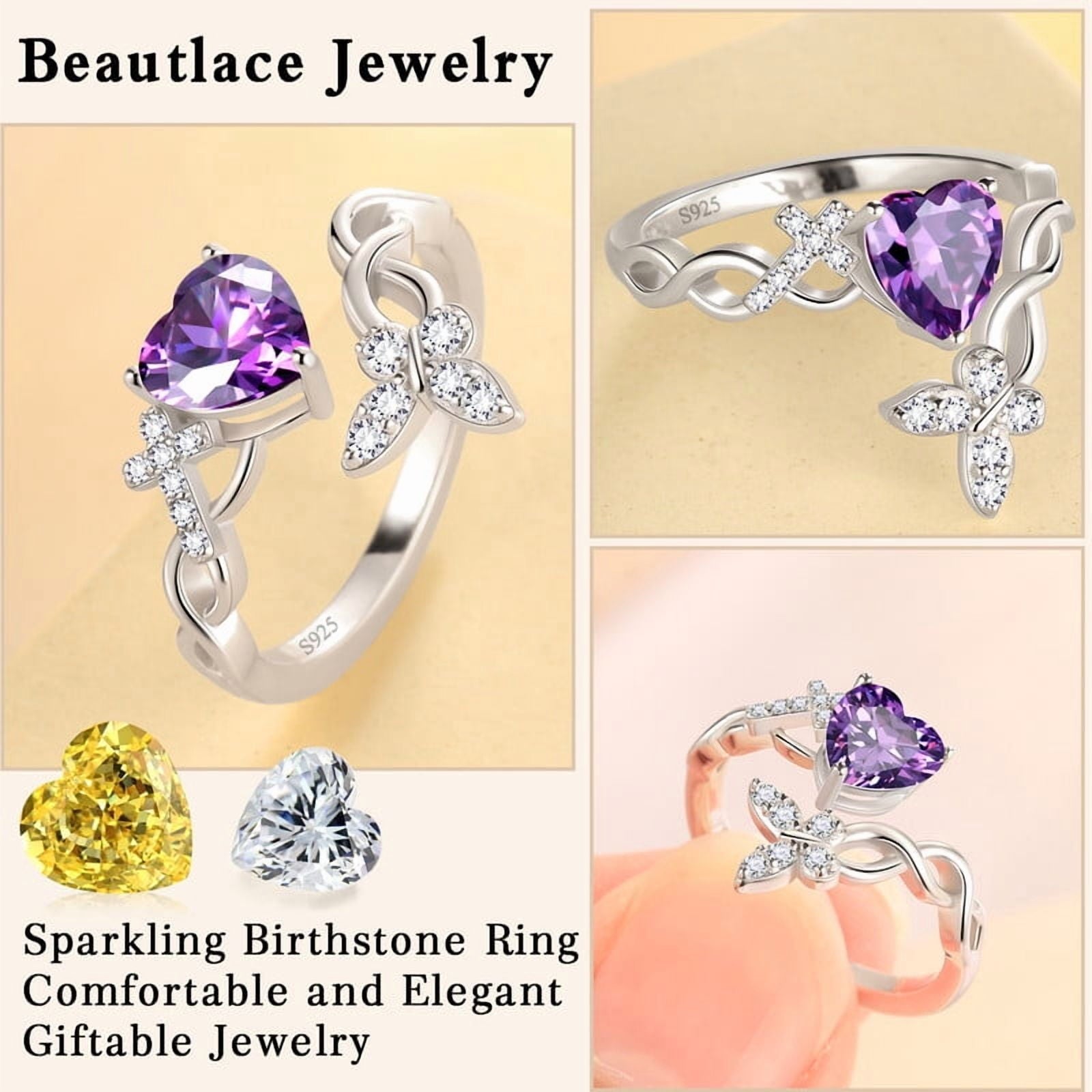 Heart Halo Ring,Butterfly 925 Sterling Adjustable Open Band Rings Valentines Jewelry Gifts for Women Mom-March
