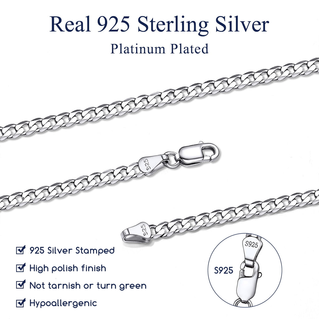 Solid 925 Sterling Chain Necklace 3mm Flat Curb Cuban Link Chain Jewelry for Men Women