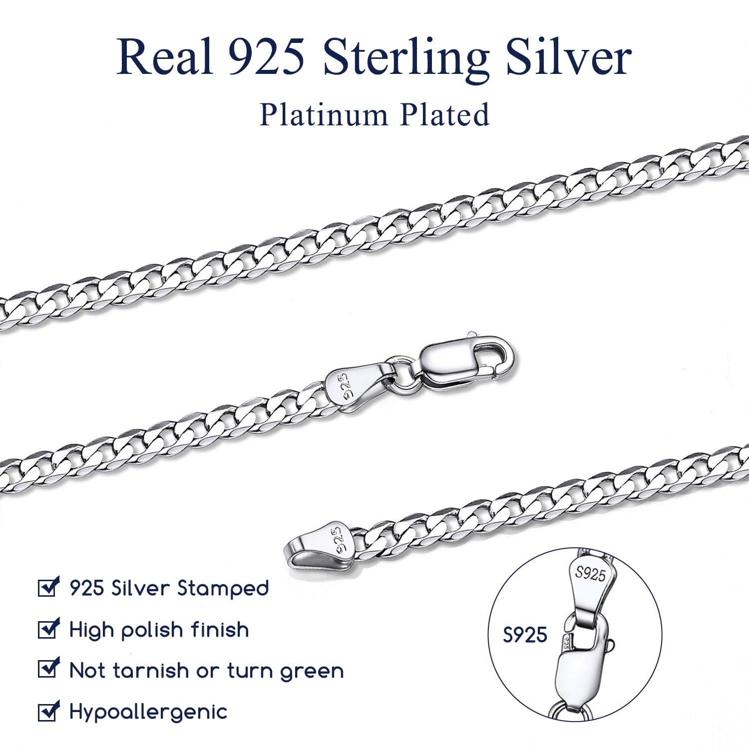 Solid 925 Sterling Chain Necklace 3mm Flat Curb Cuban Link Chain Jewelry for Men Women