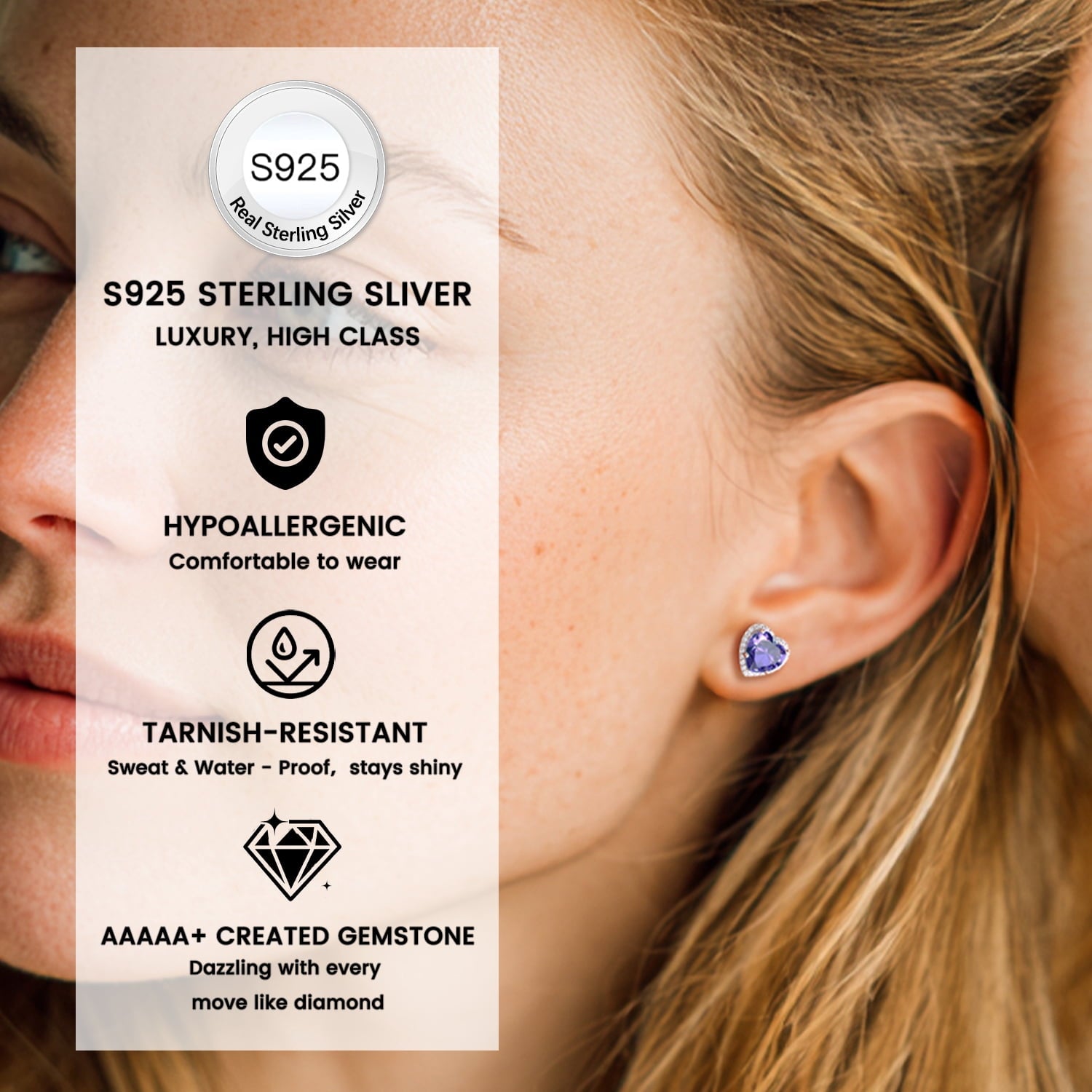 Stud Earrings for Women, 925 Sterling Heart Created Diamond Studs Earrings / Gifts - September