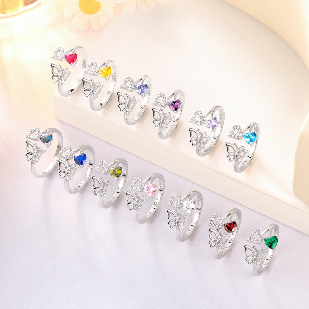 Rose Heart Ring,925 Sterling Adjustable Open Heart Rings Jewelry Gifts for Women Mom -December