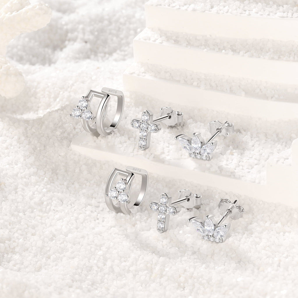 3 Pairs 925 Sterling Cross Earrings Set for Women, Flower Studs and Ear Cuffs Jewelry Set for Her