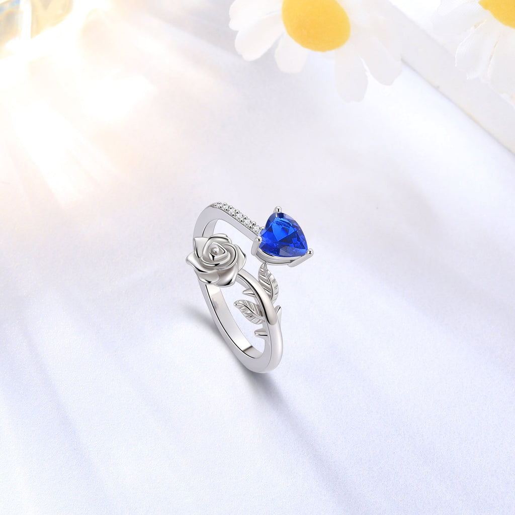 Rose Heart Ring,925 Sterling Adjustable Open Heart Rings Jewelry Gifts for Women Mom -December