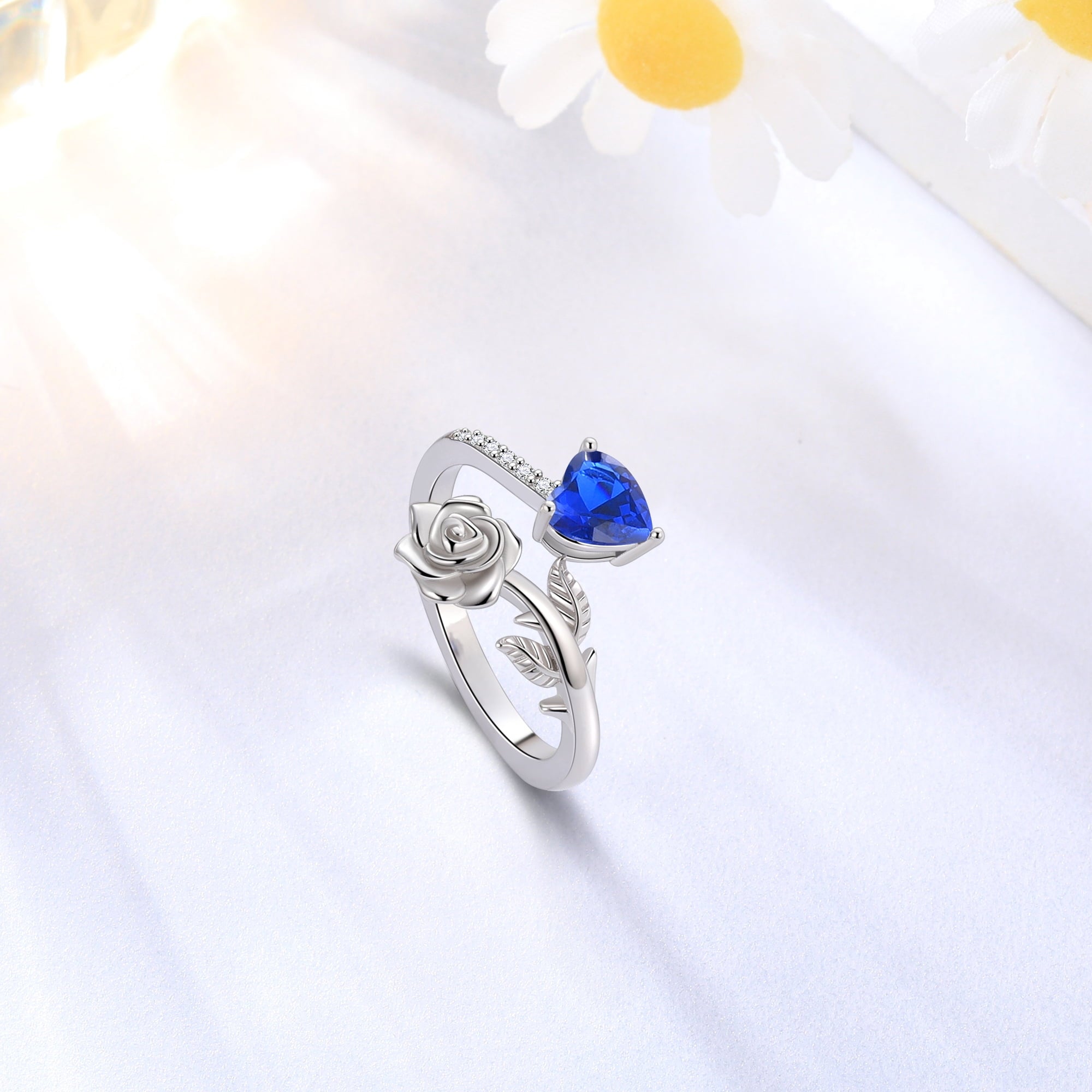 Rose Heart Ring,925 Sterling Adjustable Open Heart Rings Jewelry Gifts for Women Mom -December