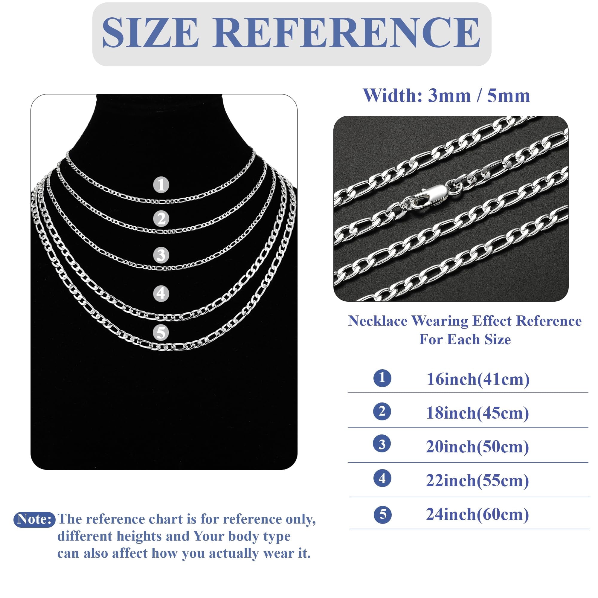 S925 Sterling Plated Chains for Women Men Boys 3mm/5mm Figaro Curb Link Necklace Easter Basket Stuffers Jewelry Gifts Teen Him Her Girls Adults Kids Age 14/16/18/20/22/24 Inch