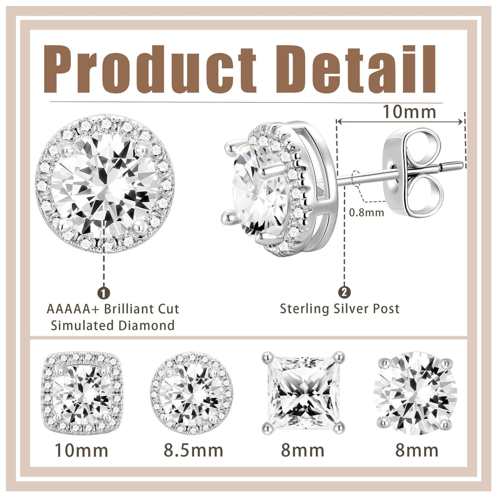4 Pairs 18K White Plated Halo Stud Earrings for Women Men CZ Hypoallergenic S925 Sterling Post Earrings Set Valentines Day Jewelry Gifts Her Him Teen Husband Wife Adults