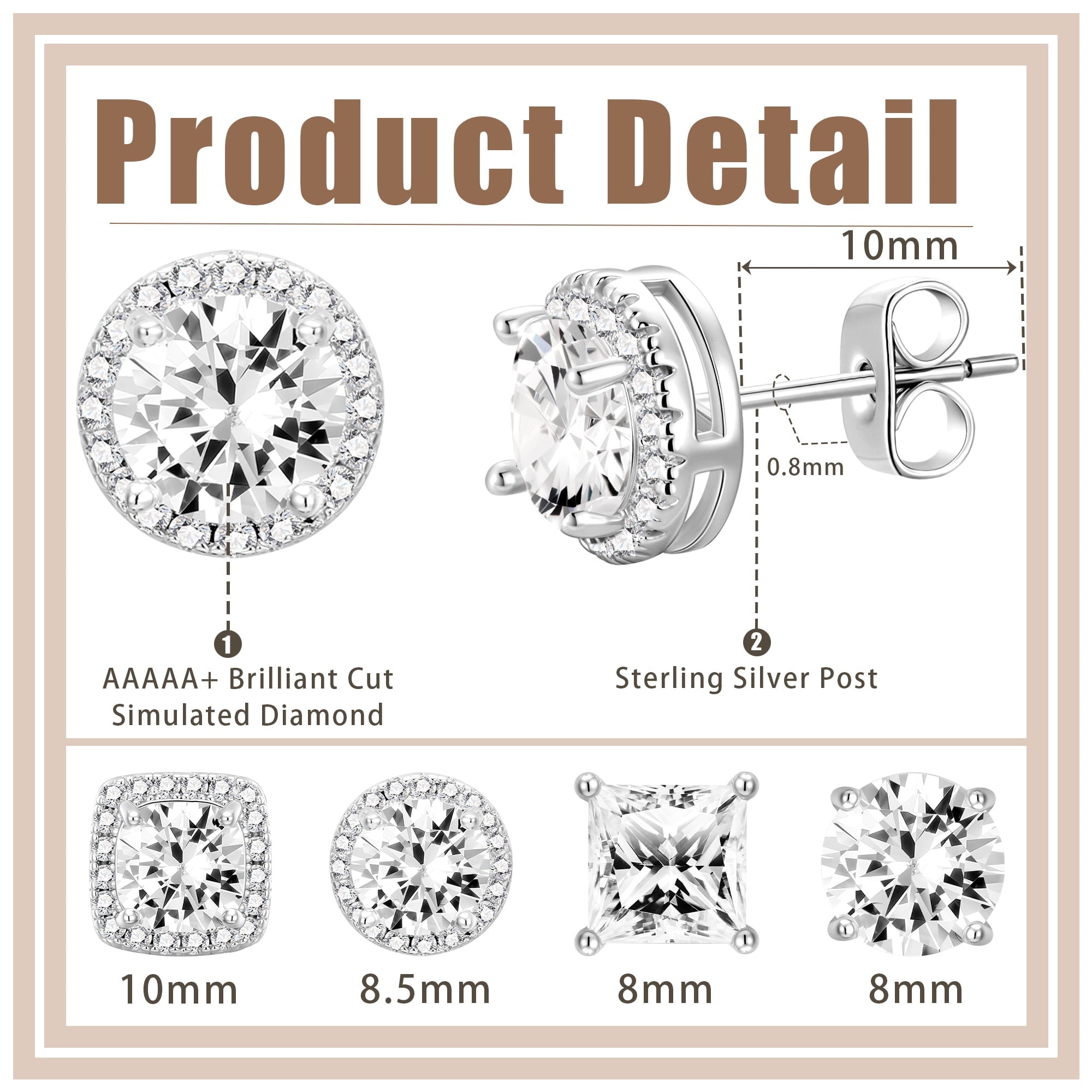 4 Pairs 18K White Plated Halo Stud Earrings for Women Men CZ Hypoallergenic S925 Sterling Post Earrings Set Valentines Day Jewelry Gifts Her Him Teen Husband Wife Adults
