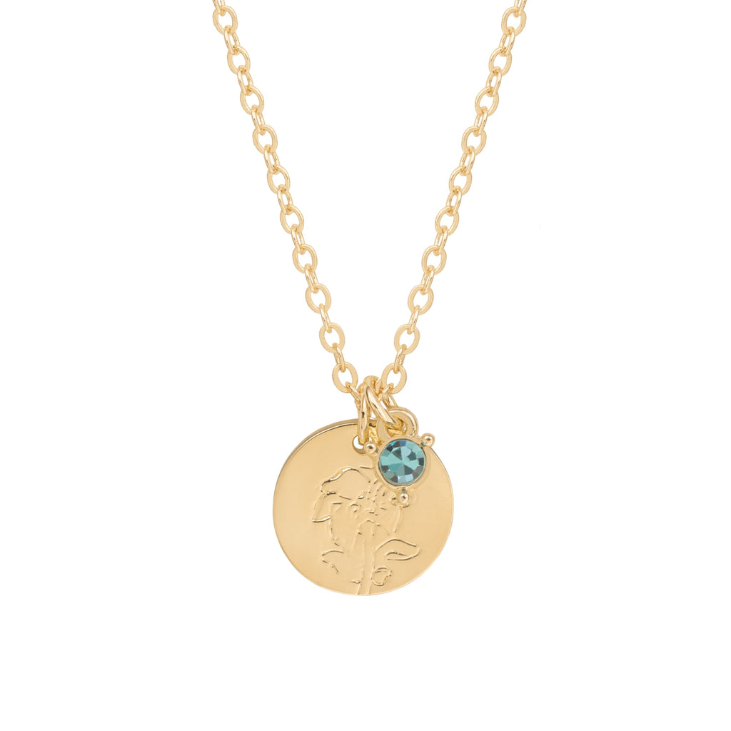 Women’s March Necklace, Tone Chain with Light Azure Stone &amp; Daffodil Flower