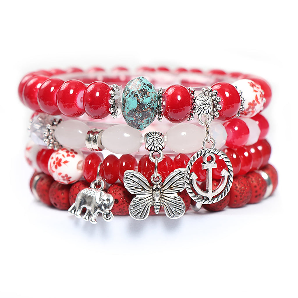 4 PCS Bohemian Stretch Anchor Bracelets Elephant Butterfly Retro Bracelets Suitable for Girls Women Gifts
