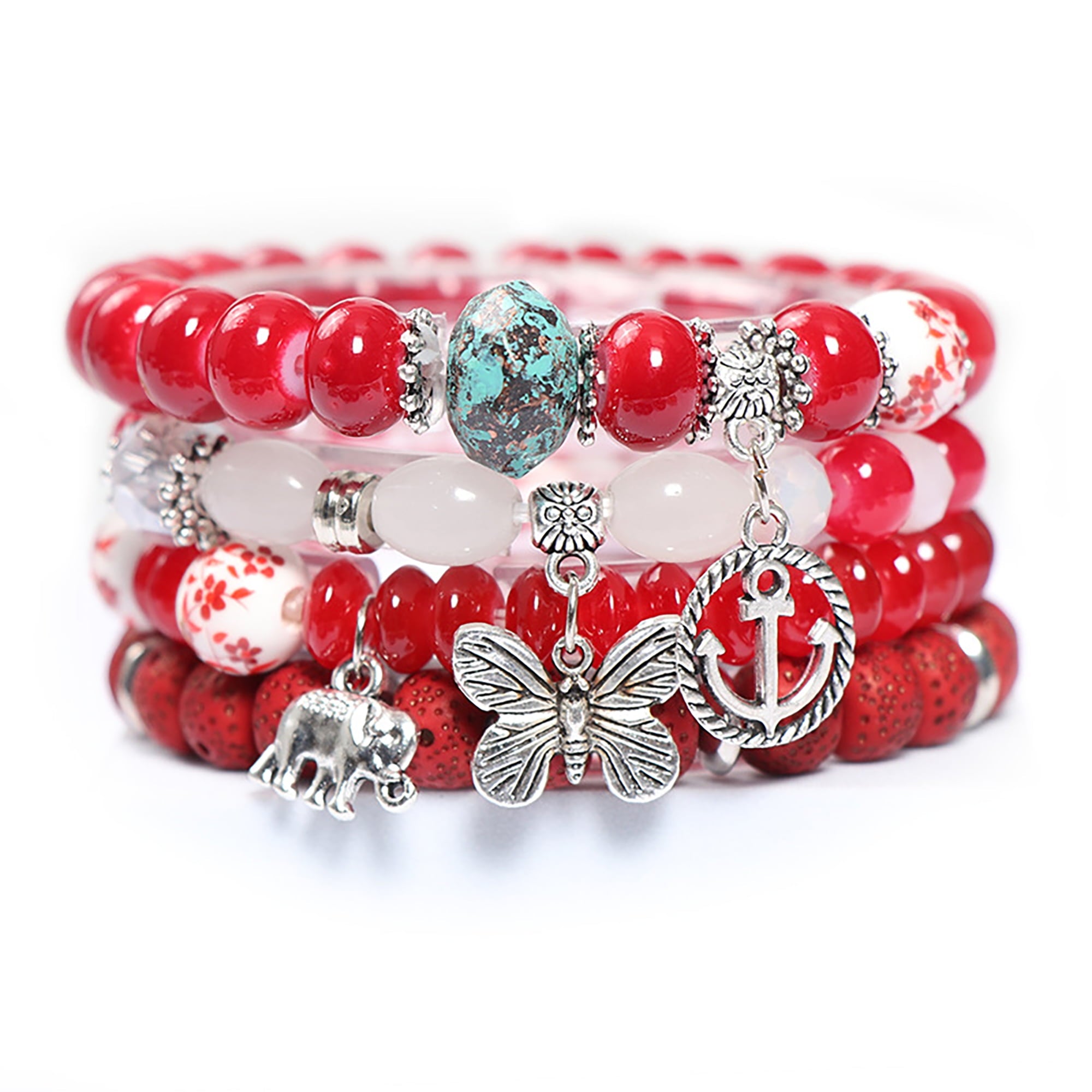 4 PCS Bohemian Stretch Anchor Bracelets Elephant Butterfly Retro Bracelets Suitable for Girls Women Gifts
