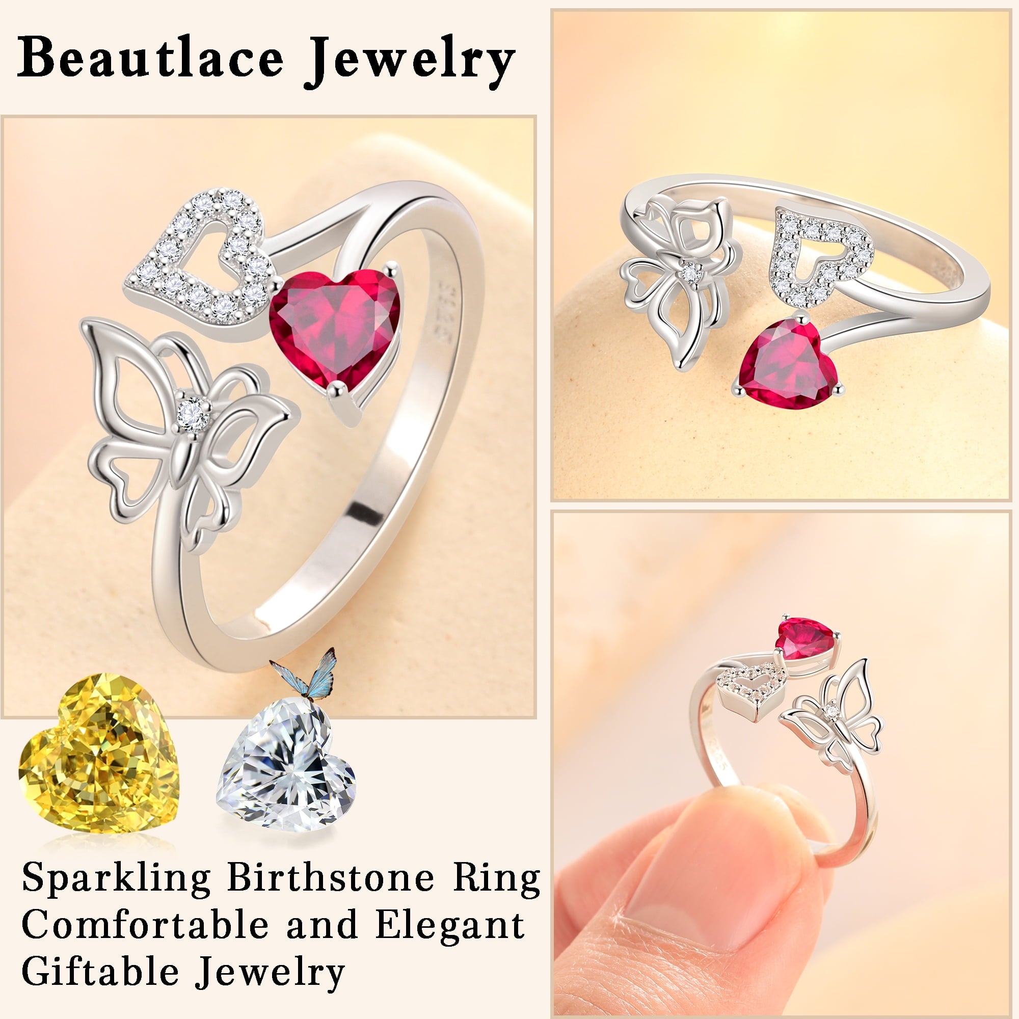 Rose Heart Ring,925 Sterling Adjustable Open Heart Rings Jewelry Gifts for Women Mom -December