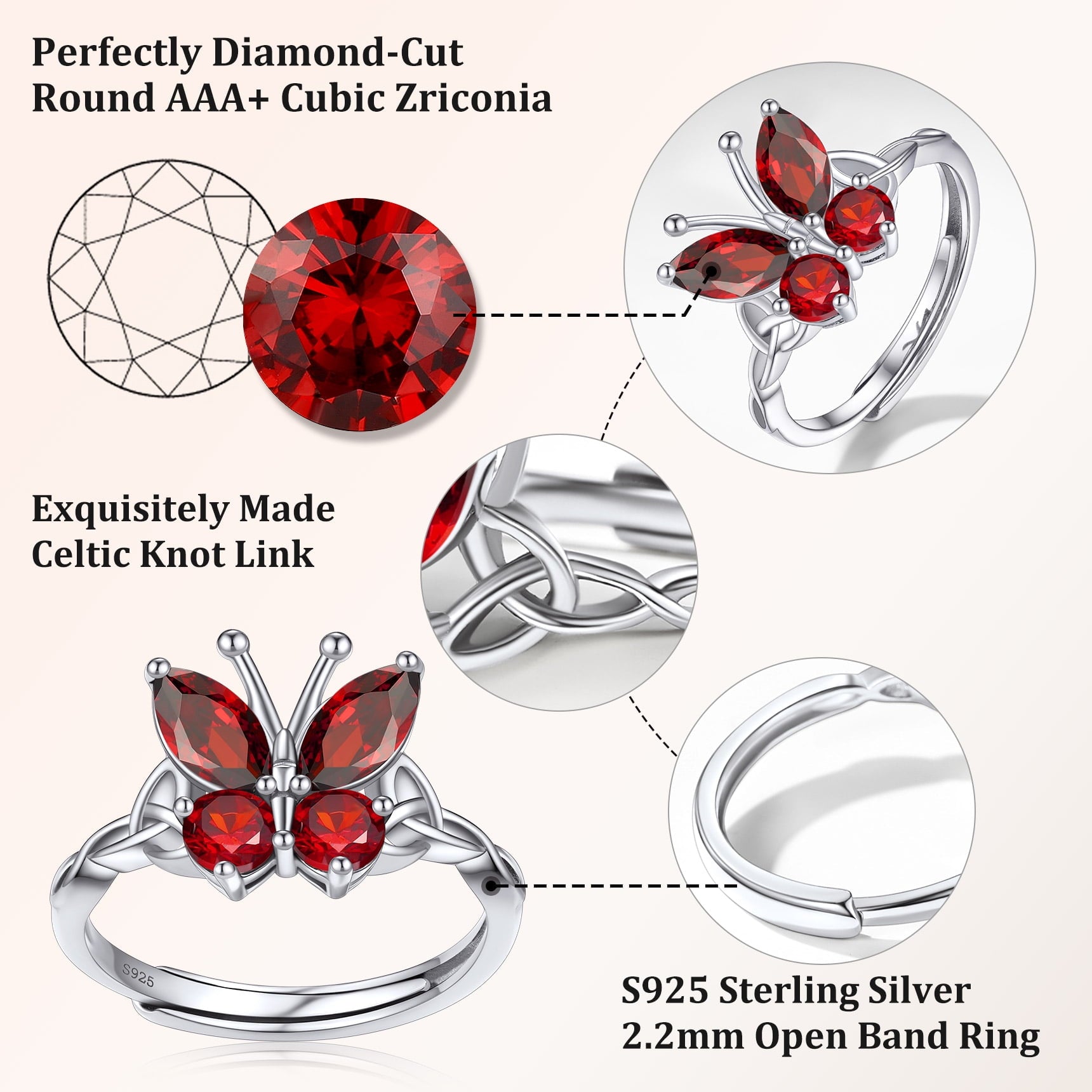 925 Sterling Butterfly Rings, July Ruby Adjustable Open Band Ring Jewelry Valentines Day