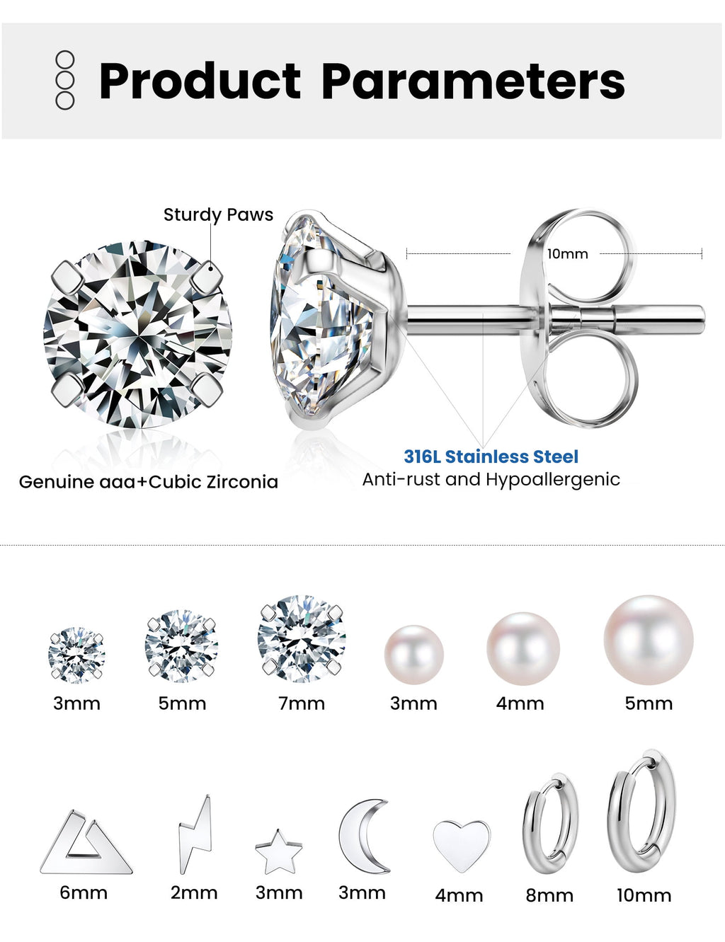 6 Pairs Stud Earrings Hypoallergenic Surgical Steel Cubic Zirconia Earrings