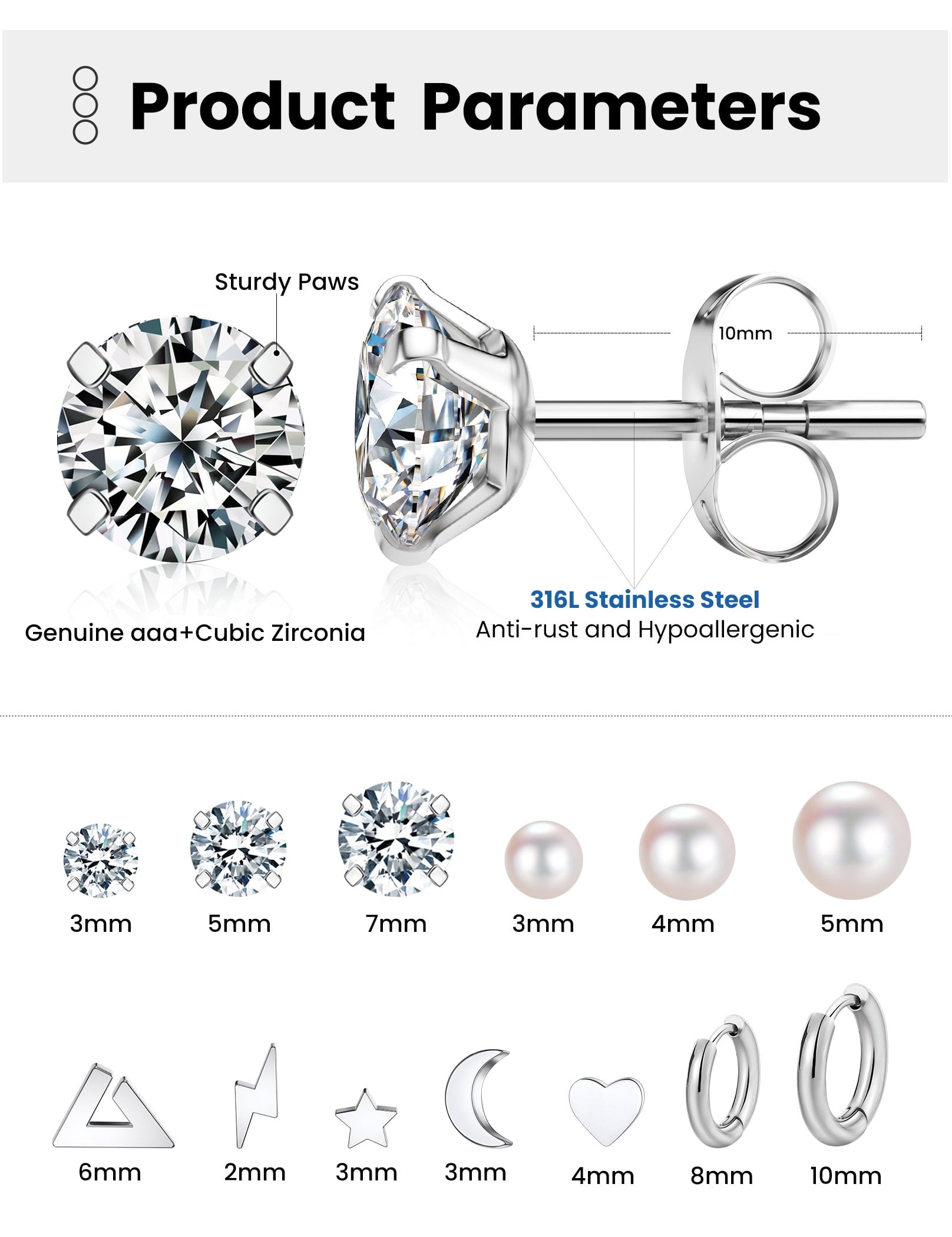 6 Pairs Stud Earrings Hypoallergenic Surgical Steel Cubic Zirconia Earrings