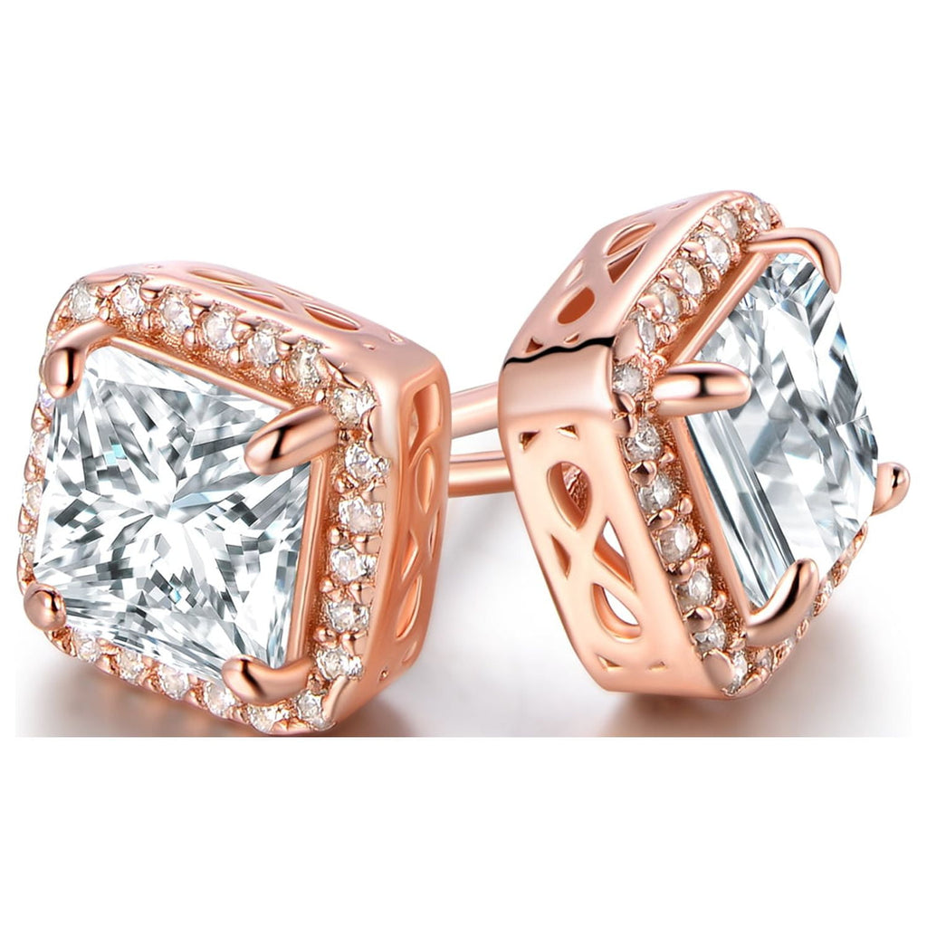 Square Halo Earrings with Crystals, 14K Plated over Sterling