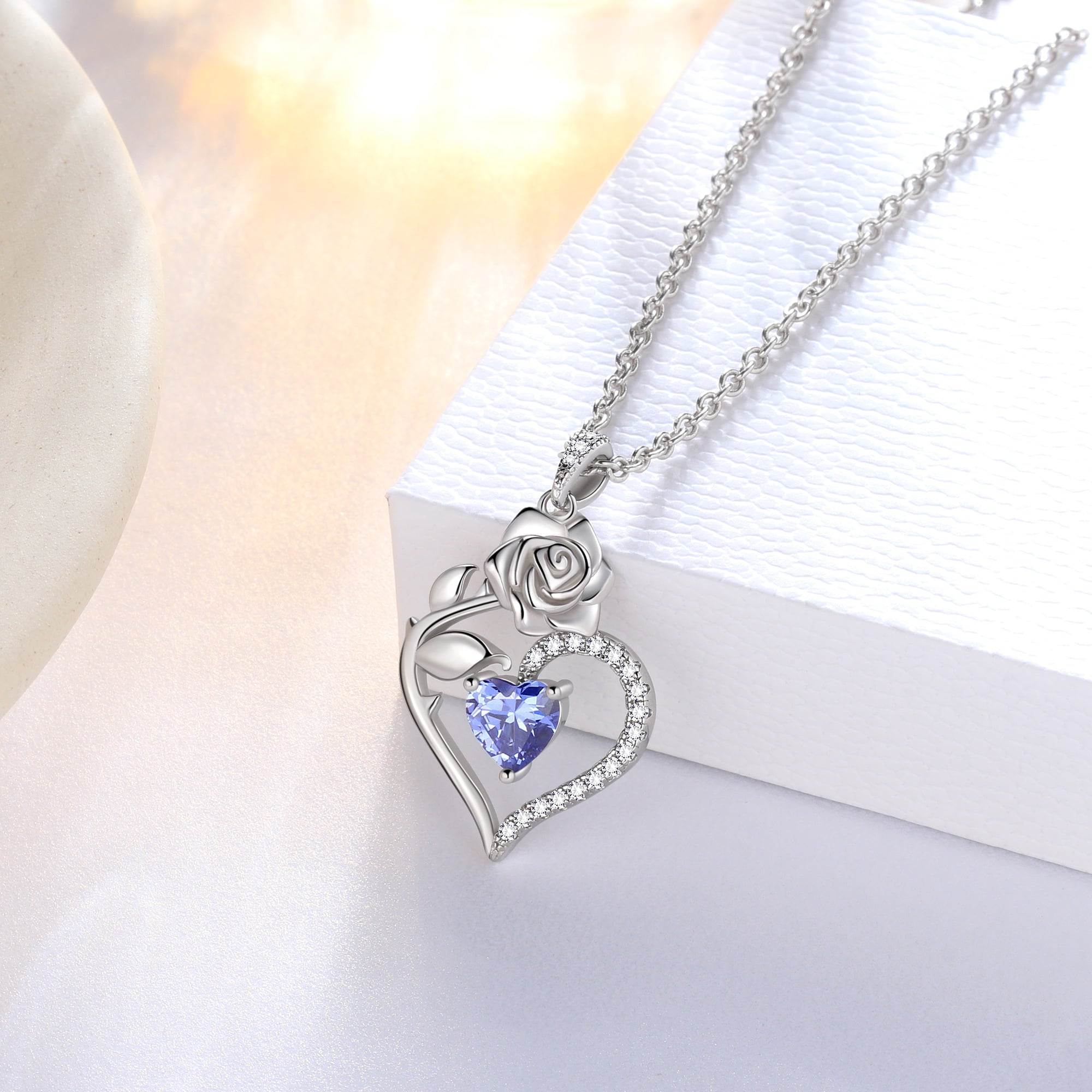 925 Sterling Necklace Rose Flower Heart Pendant Jewelry Valentines Gifts for Women Mom Wife/Lover