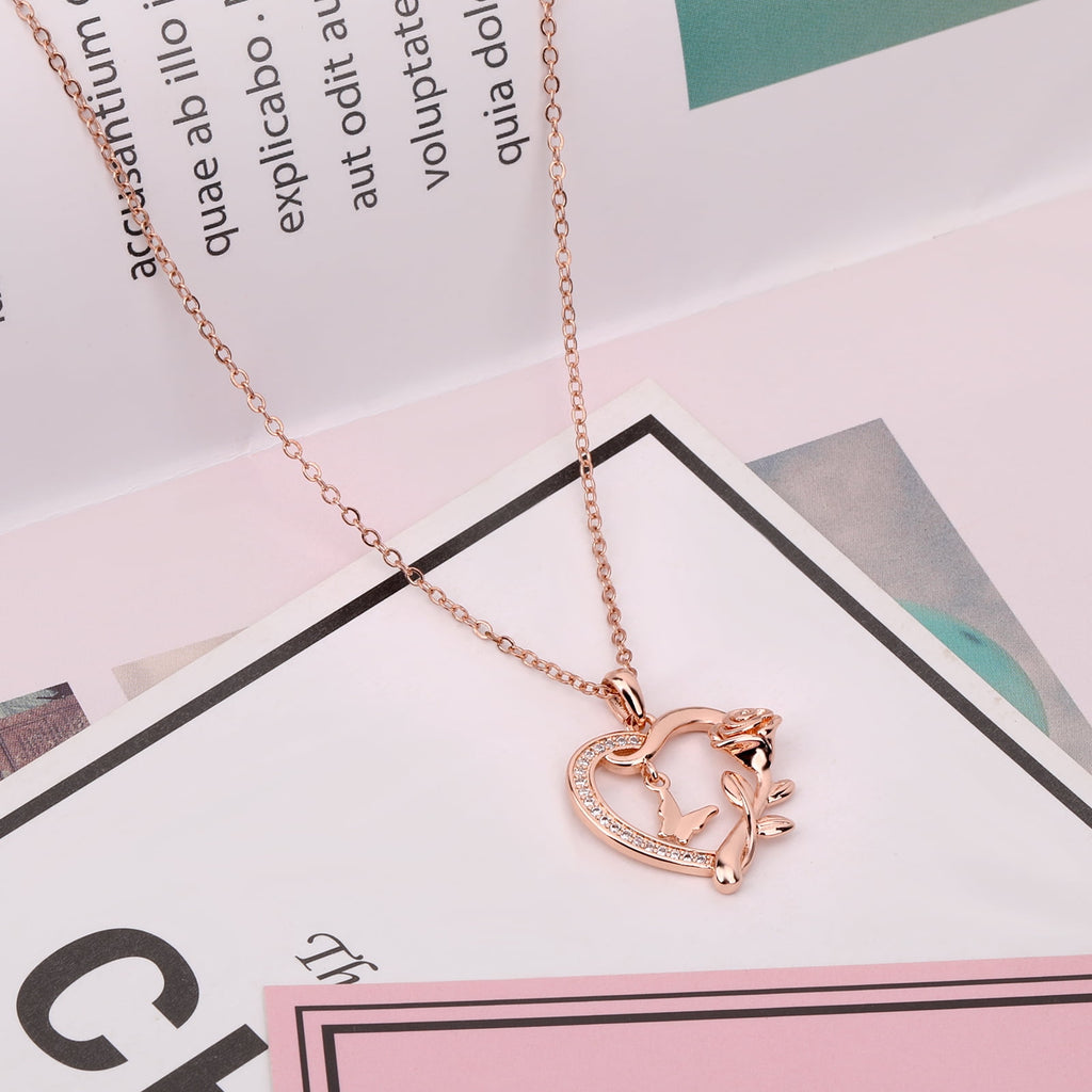 Heart Necklace for Women 14k Plated CZ Rose and Butterfly Jewelry for Women 's Day